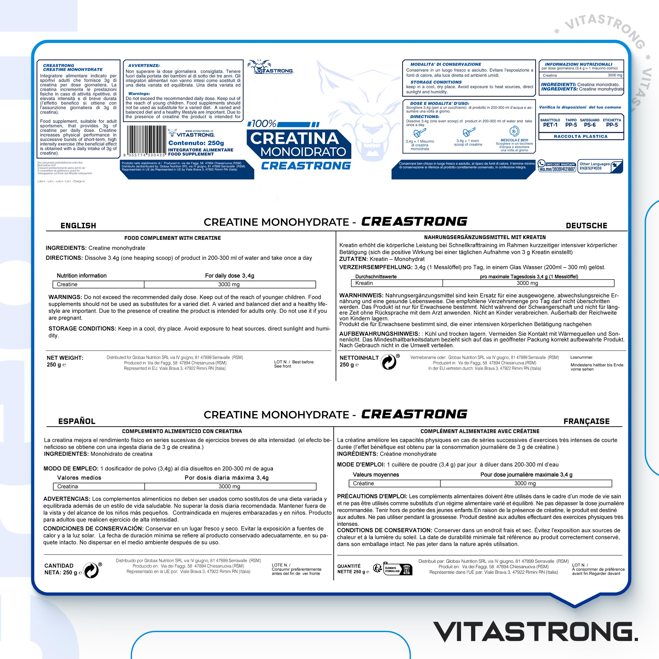 Vitastrong CreaStrong créatine monohydrate poudre 250 g pure
