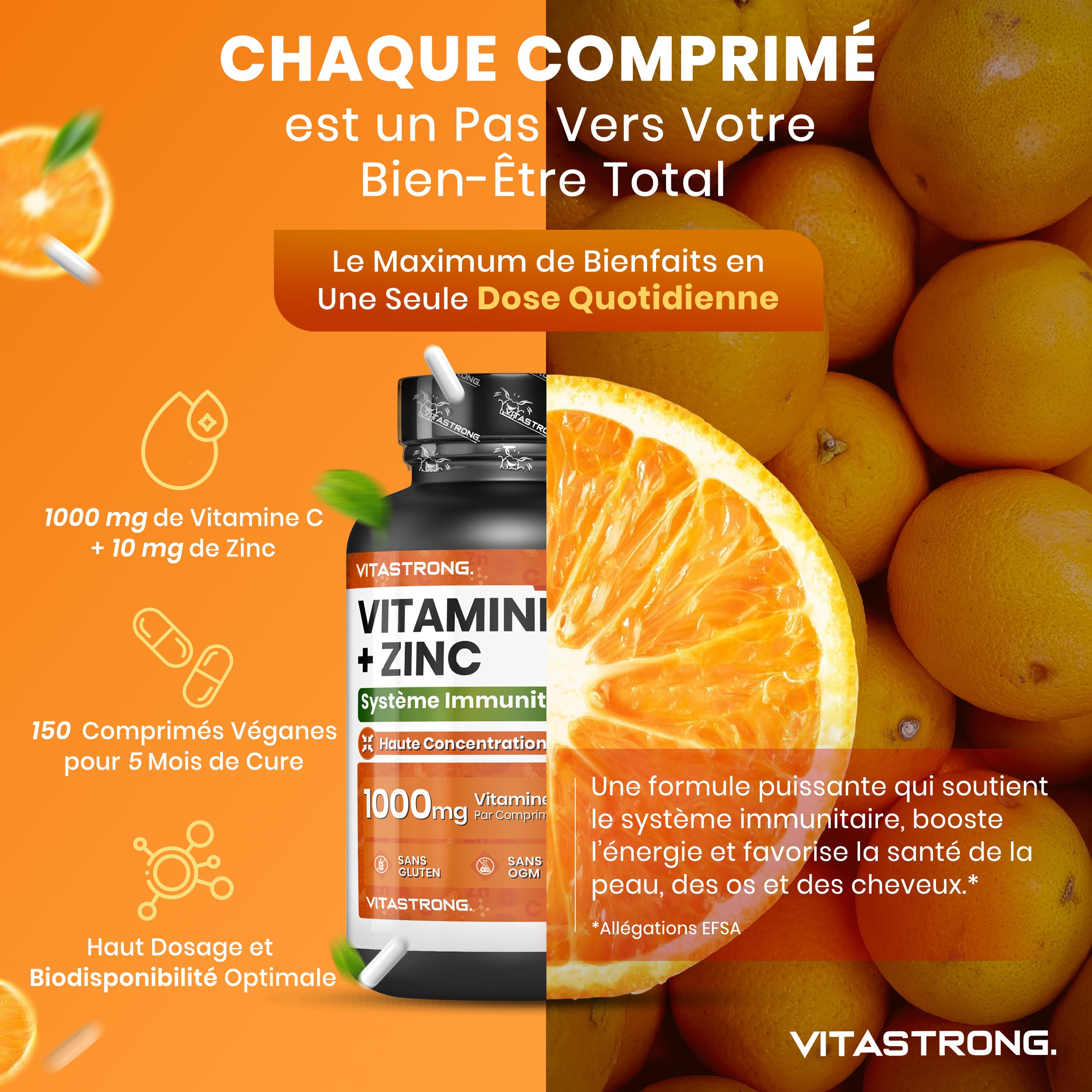 Vitastrong Vitamine C 1000 mg Zinc comprimés vegan immunité