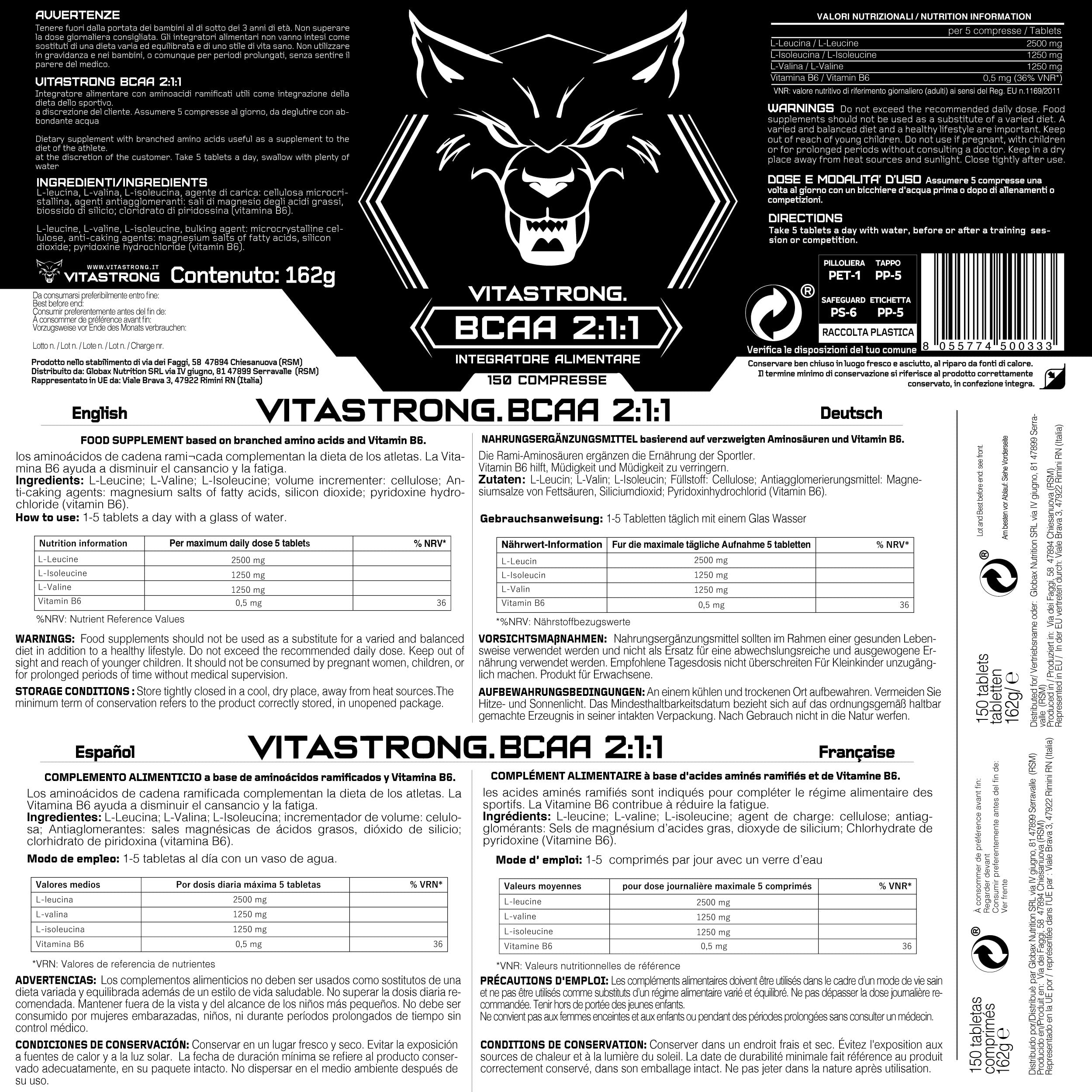 Vitastrong BCAA 2.1.1 comprimés 150 vitamine B6 récupération