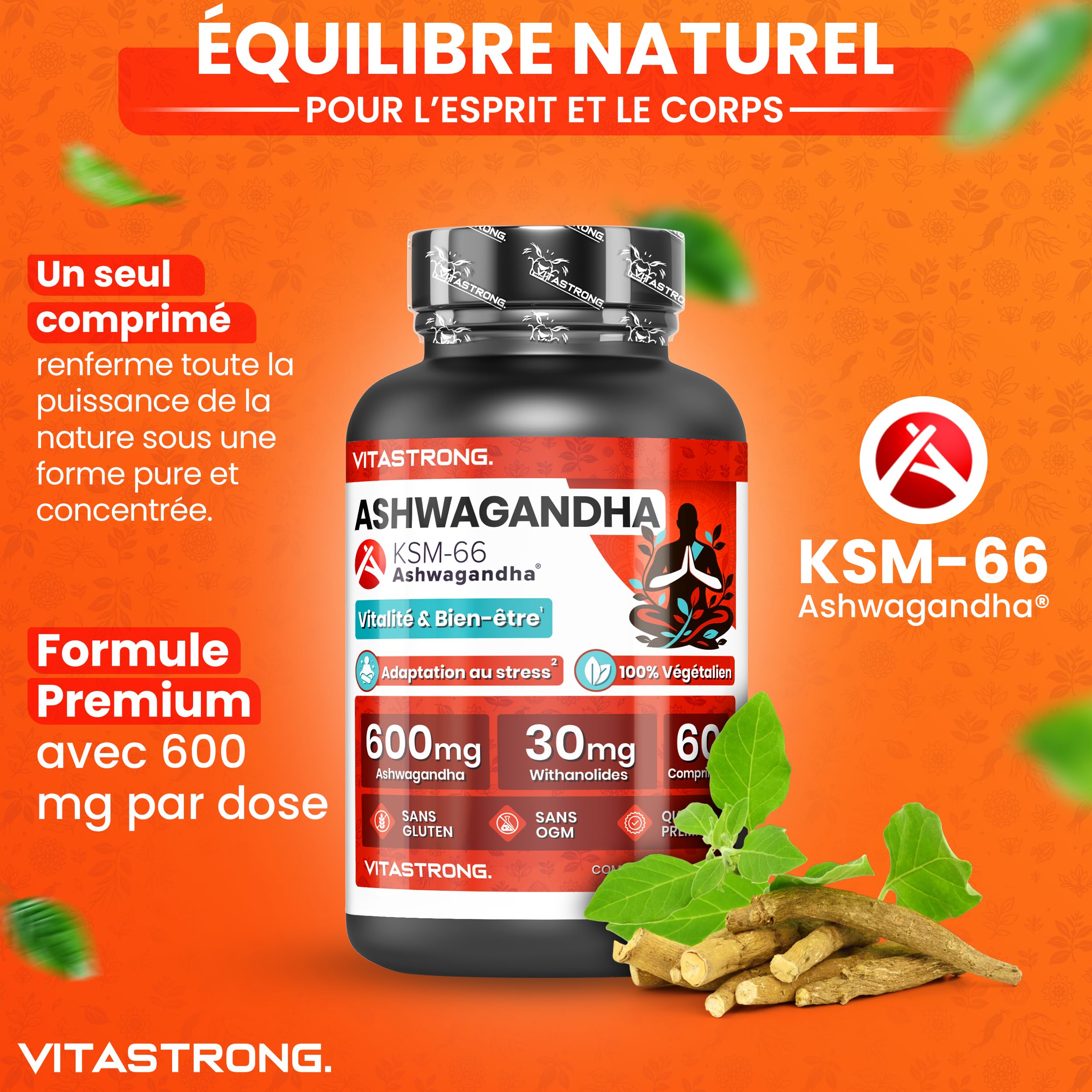 Vitastrong Vitalité Ashwagandha KSM-66 600mg 60 Comprimés Vegan