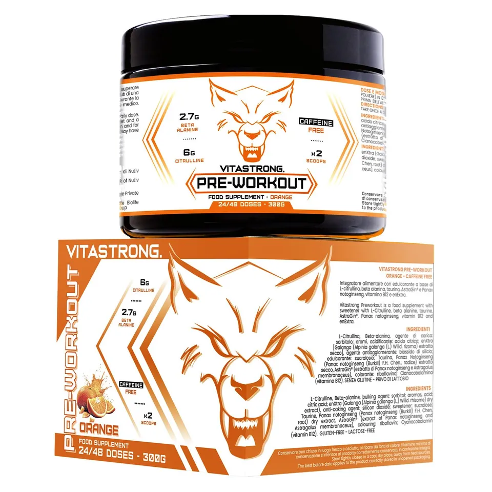 Vitastrong Pre Workout Sans Caféine Poudre Orange 300g 24 Doses