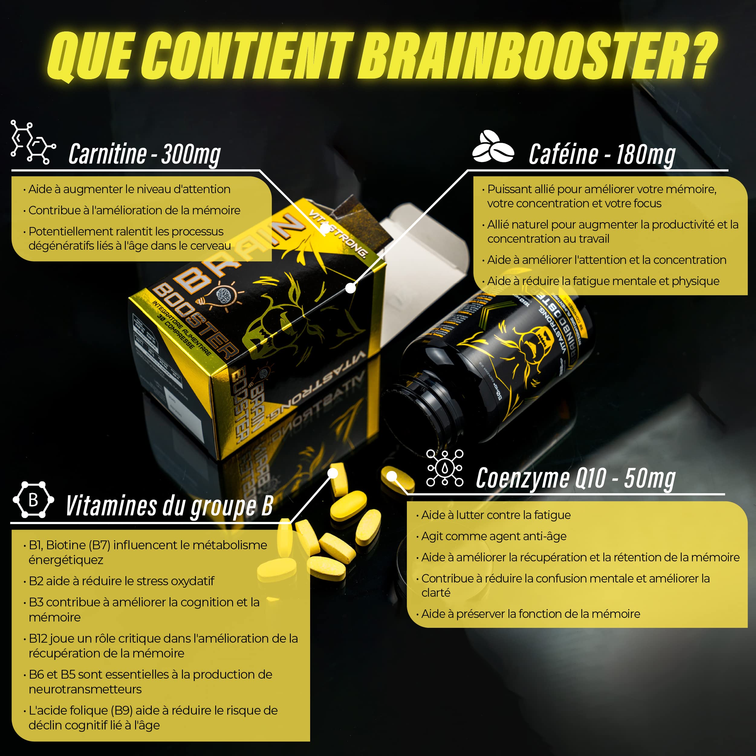 Vitastrong Mémoire Brainbooster nootropique 30 comprimés caféine