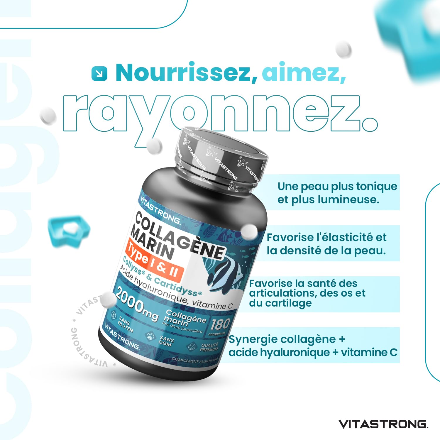 Vitastrong Collagène Marin acide hyaluronique 180 comprimés