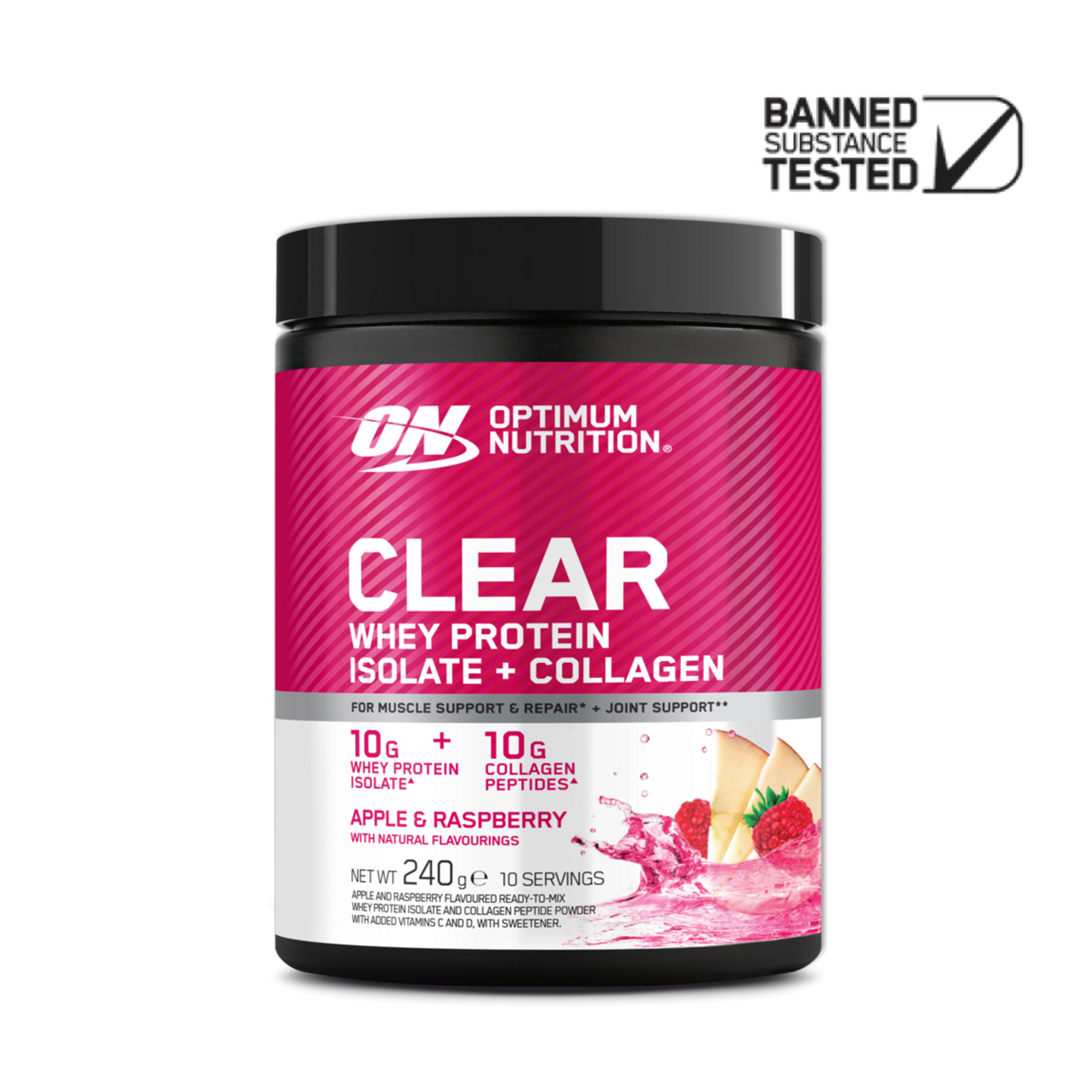 Optimum Nutrition Clear Whey Isolate collagène pomme framboise 240 g