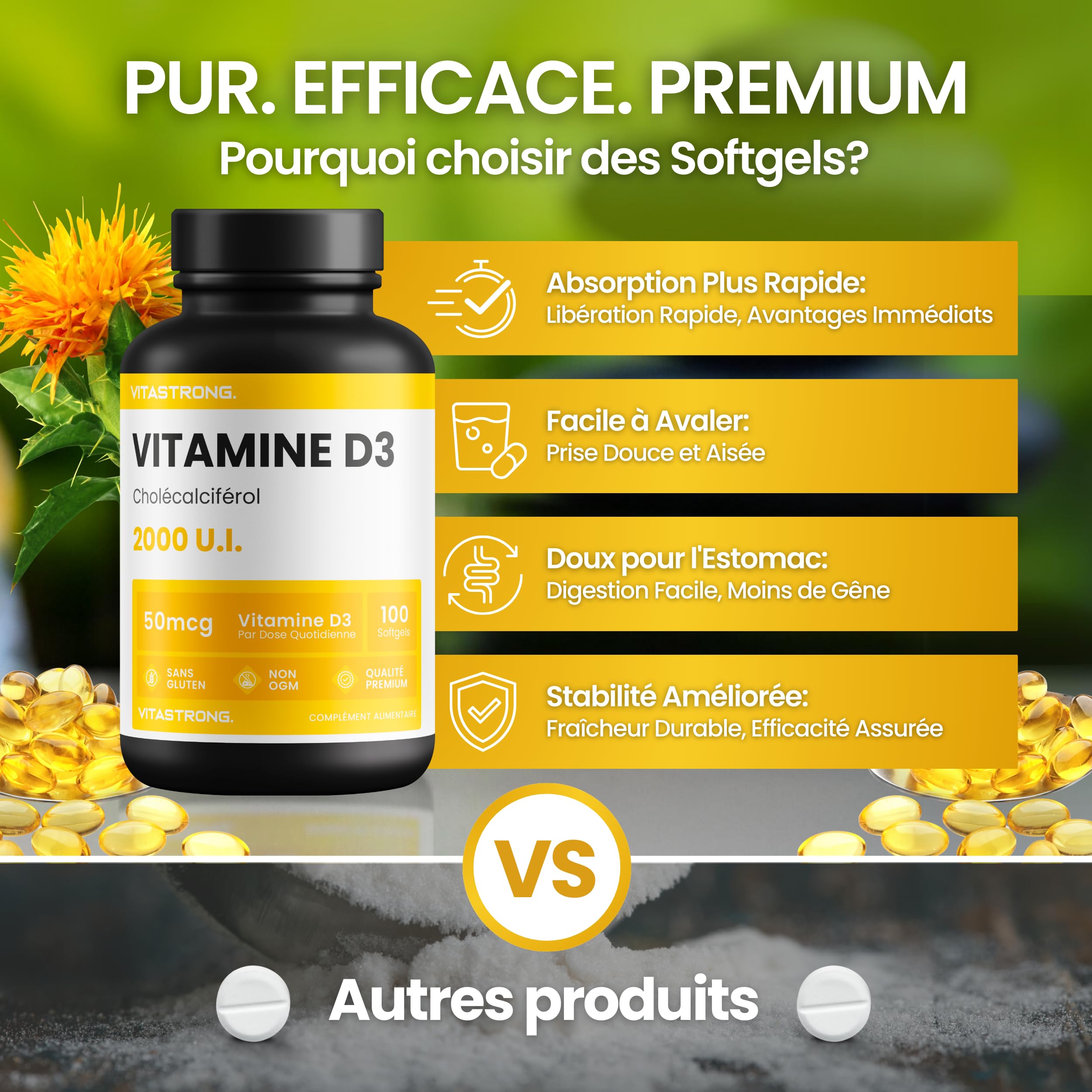 Vitastrong Vitamine D3 2000 UI softgels immunité