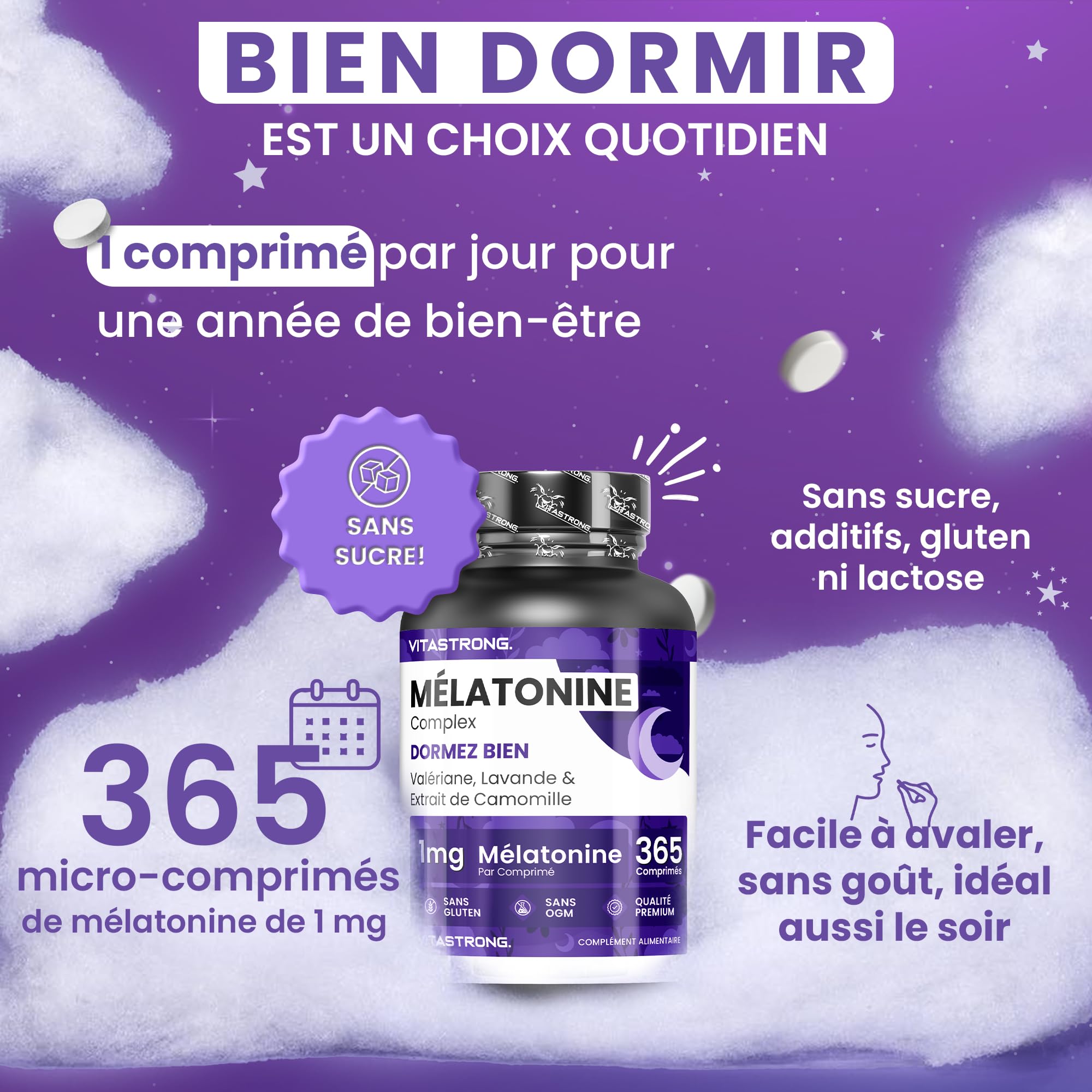 Vitastrong Sommeil Melatonine Complex 1mg 365 micro-comprimés