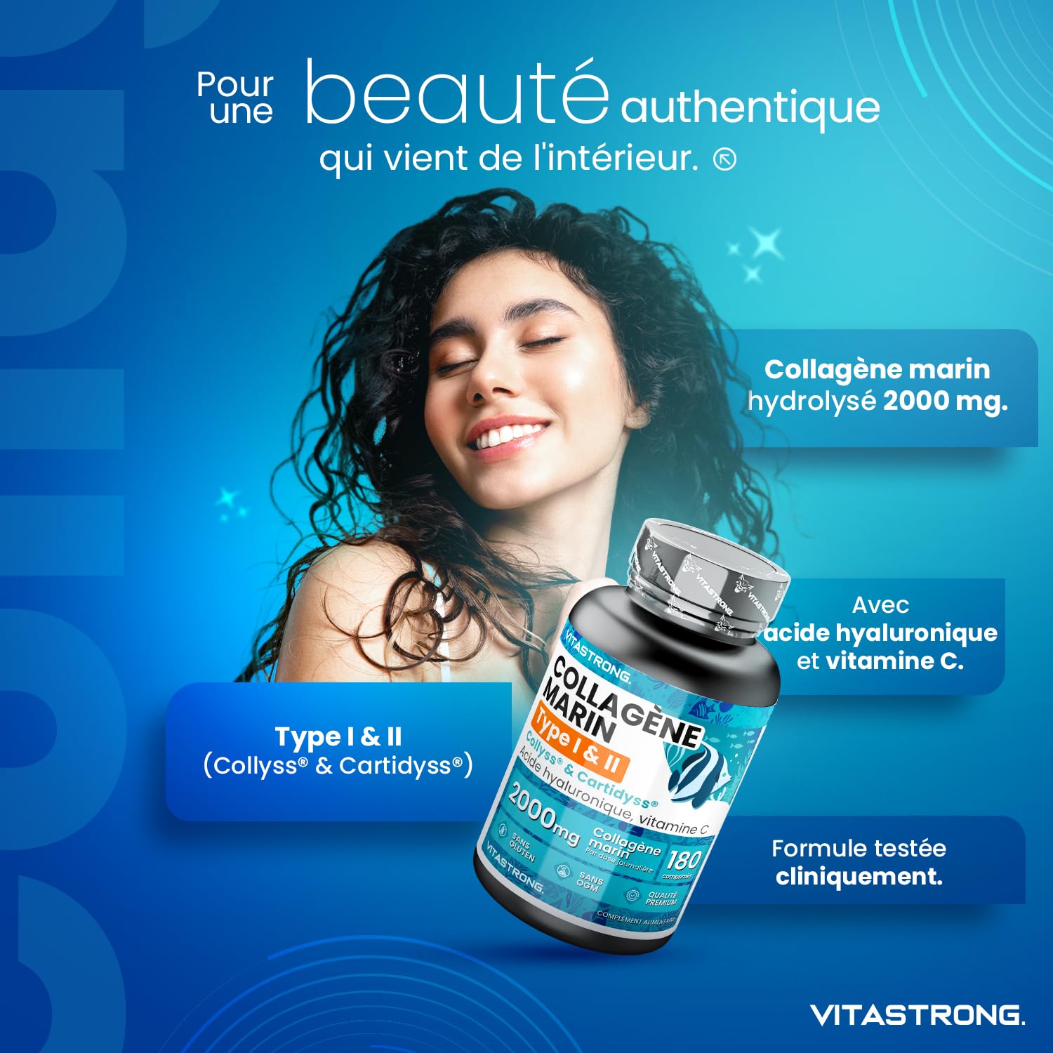 Vitastrong Collagène Marin acide hyaluronique 180 comprimés