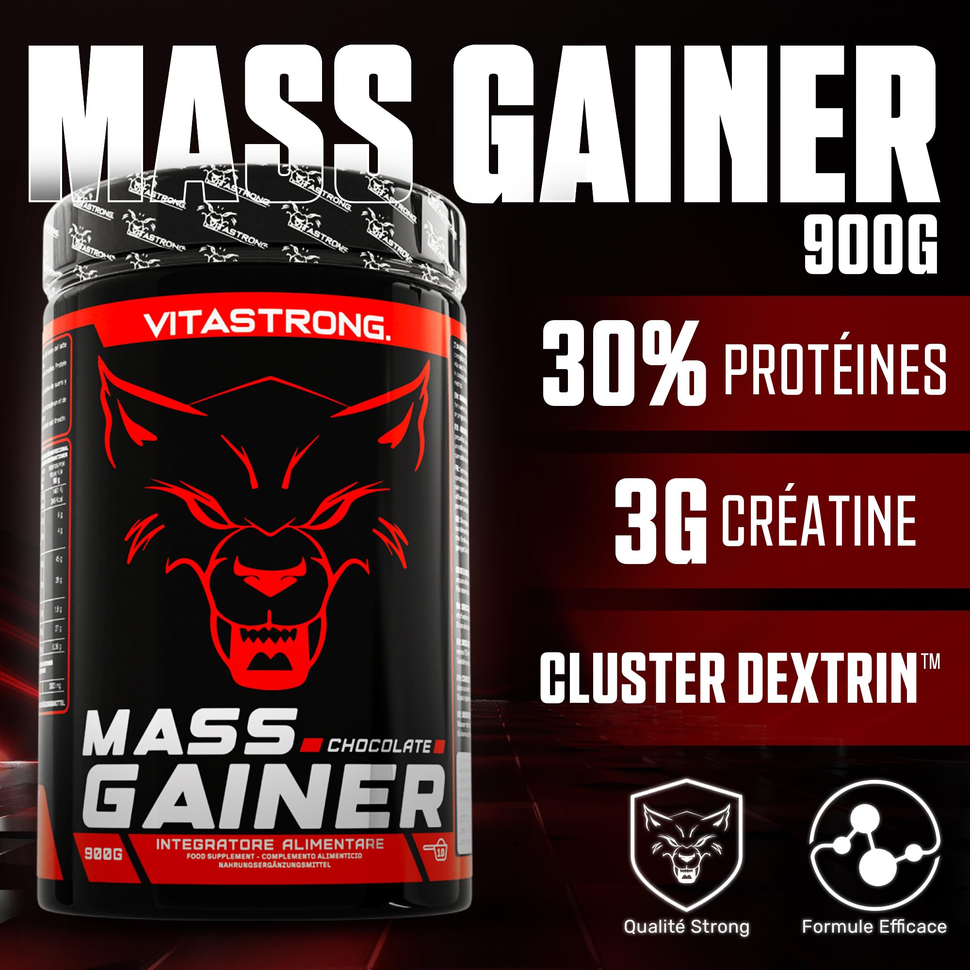 Vitastrong Masse musculaire gainer chocolat créatine 30% protéines
