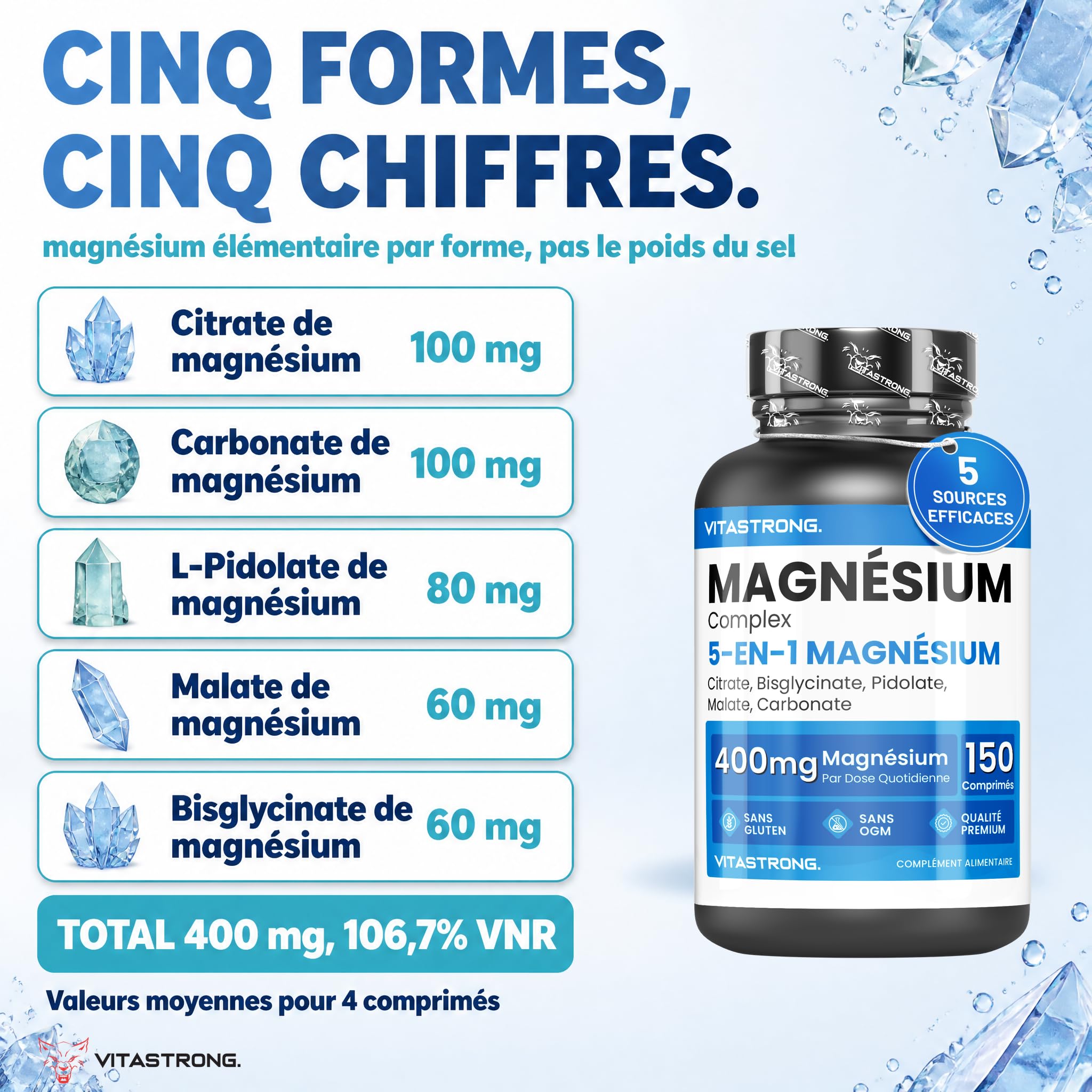 Vitastrong Magnésium Complexe 5-en-1 comprimés 150 400 mg