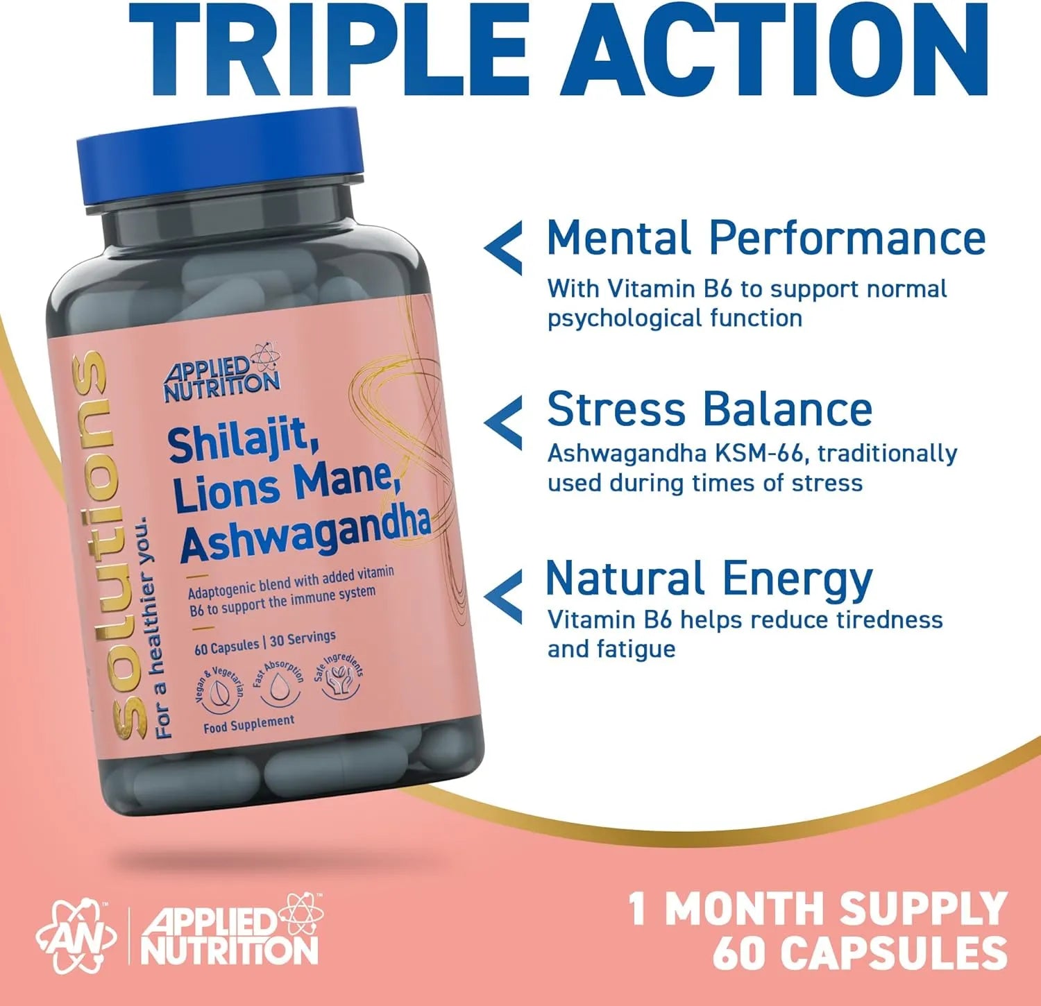 Applied Nutrition Shilajit Lions Mane Ashwagandha 60 gélules