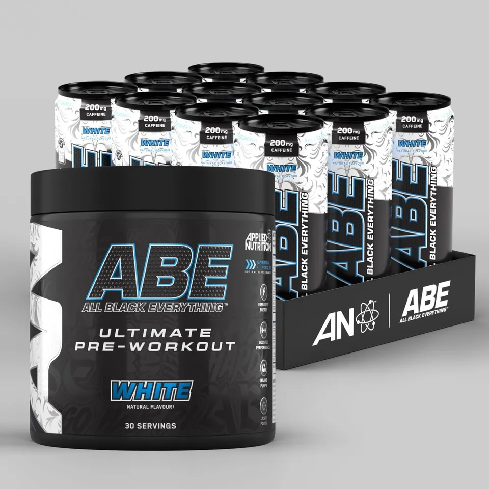 Applied Nutrition ABE White pré-workout bundle poudre 375g + 12 canettes