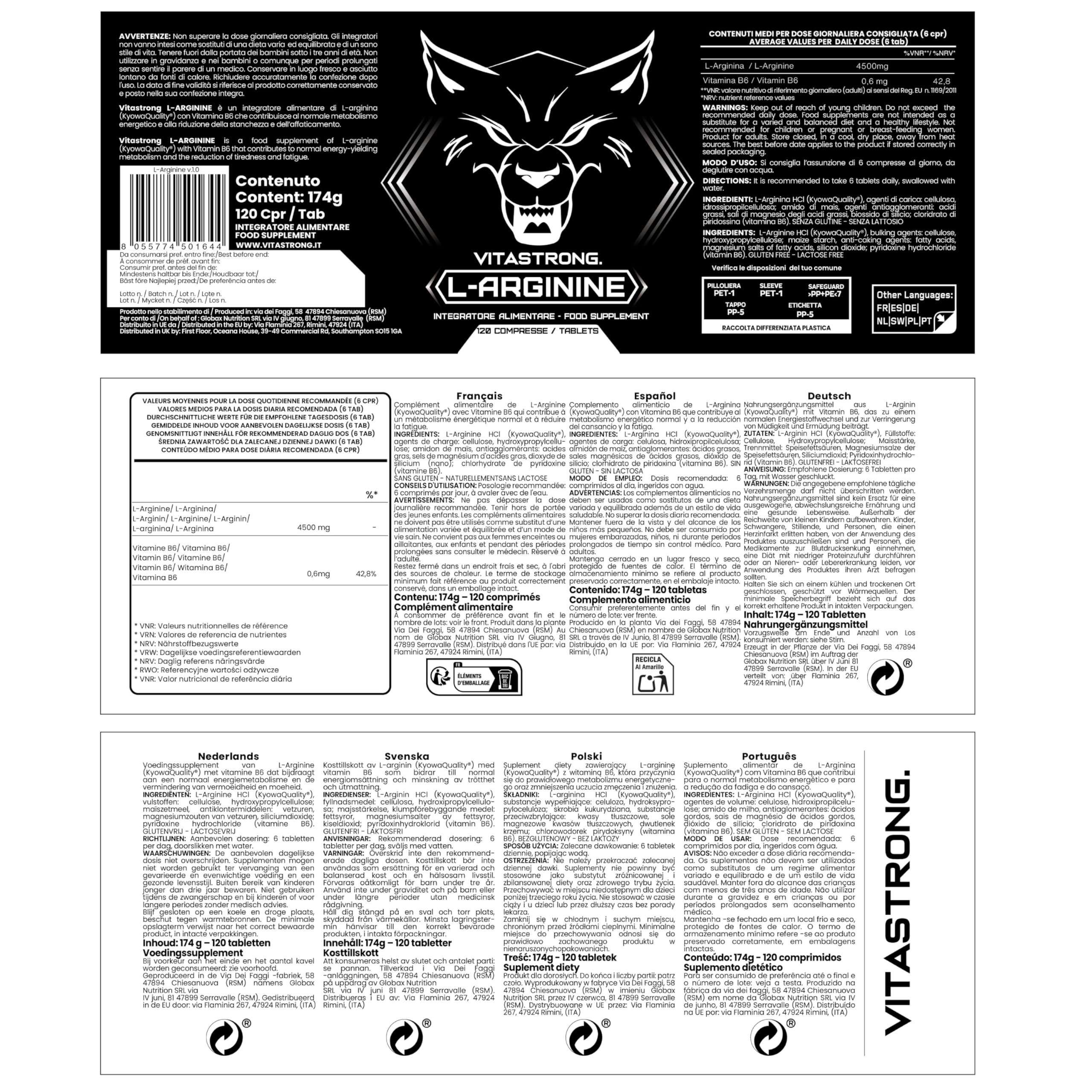 Vitastrong Arginine 4500 mg + B6 comprimés 120 cpr Kyowa