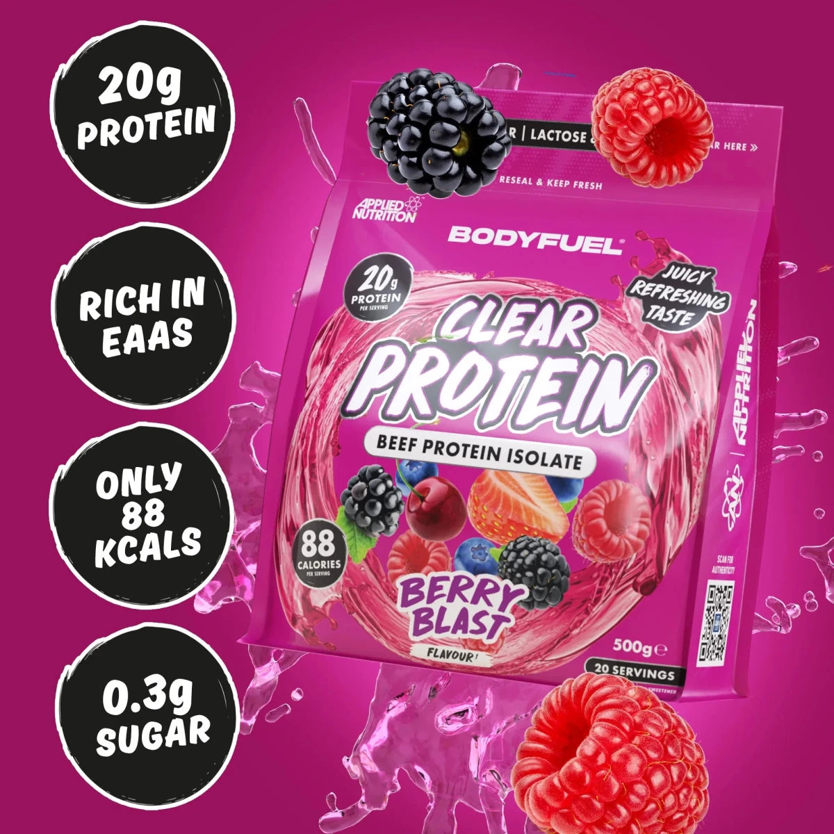 BodyFuel Clear Beef Protein Isolate poudre 500g framboise