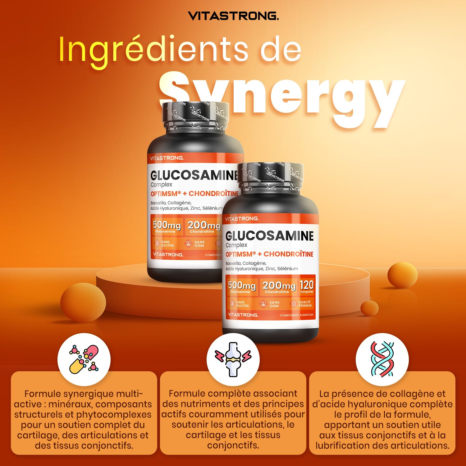 Vitastrong Glucosamine Chondroïtine MSM collagène 90 comprimés