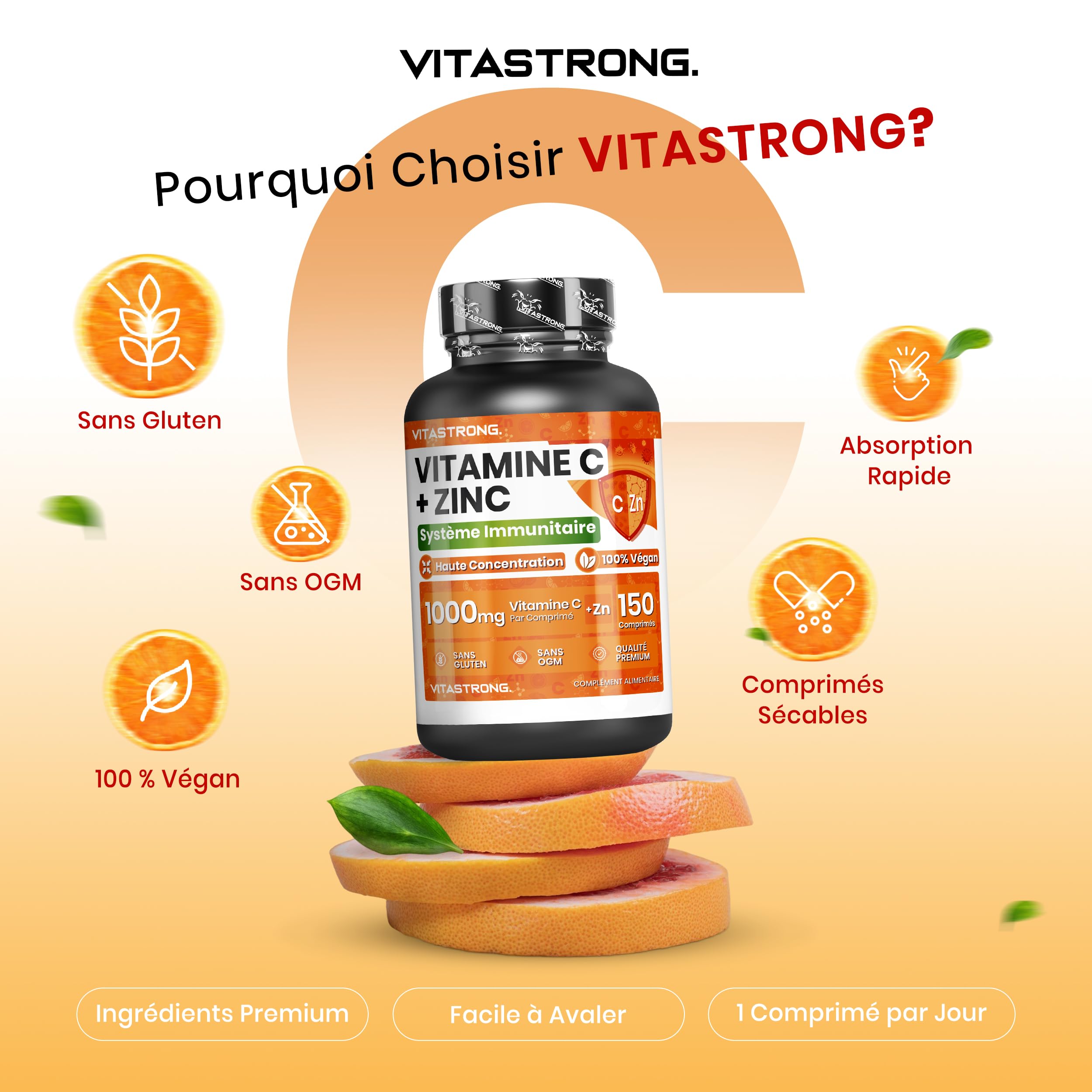 Vitastrong Vitamine C 1000 mg Zinc comprimés vegan immunité