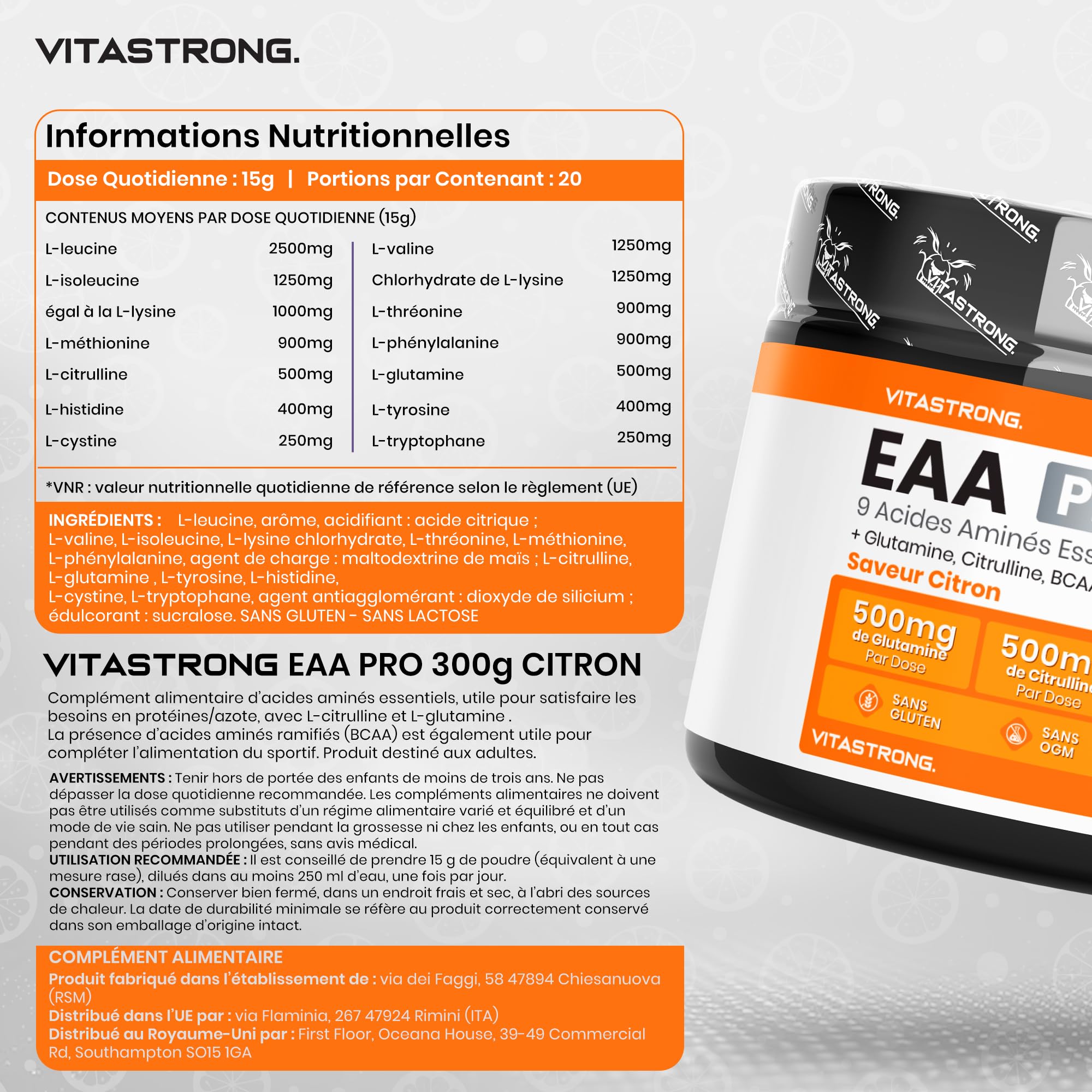 Vitastrong EAA PRO 9 Acides Aminés Poudre Citron 300g énergie