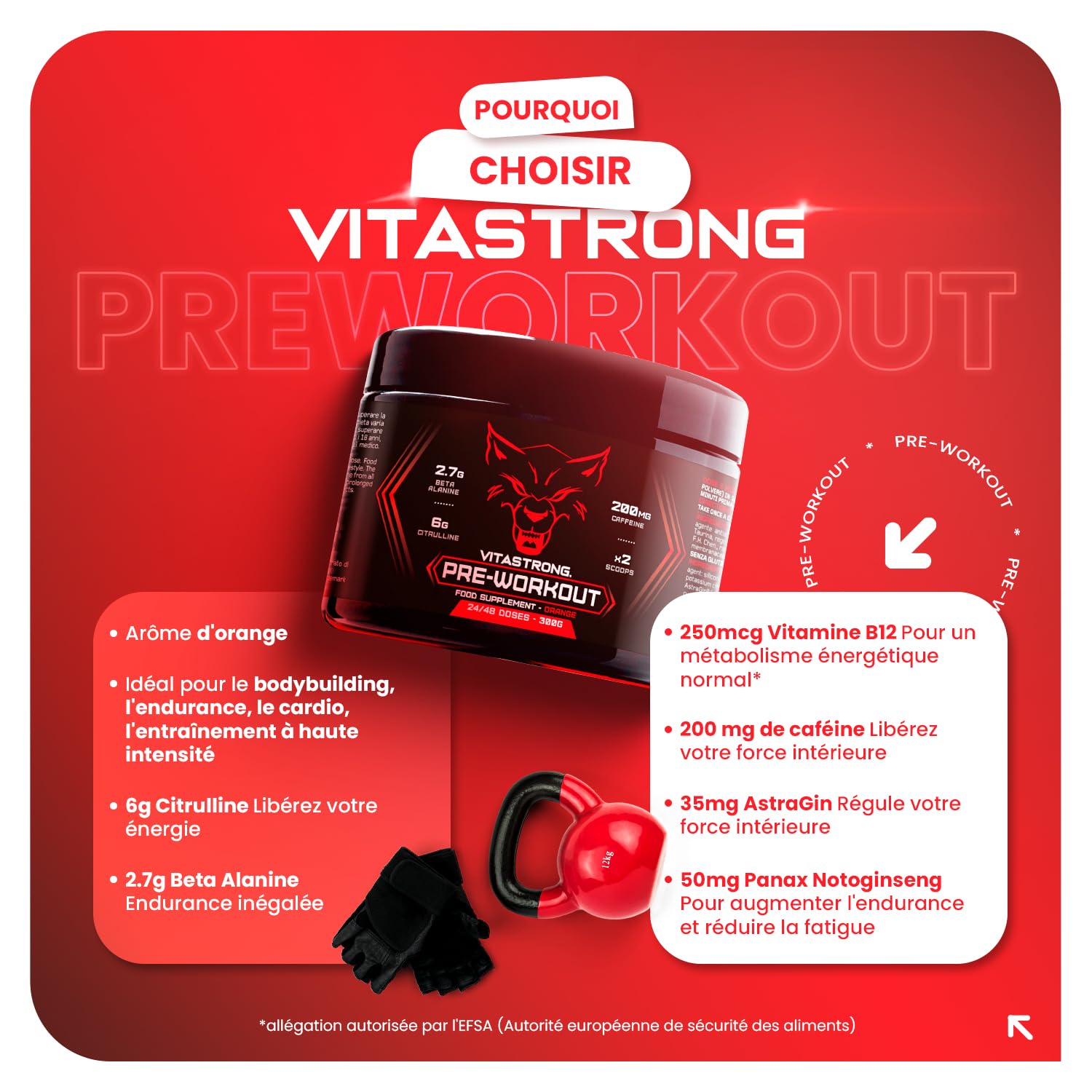 Vitastrong Pre-Workout booster orange caféine 300 g 24 doses