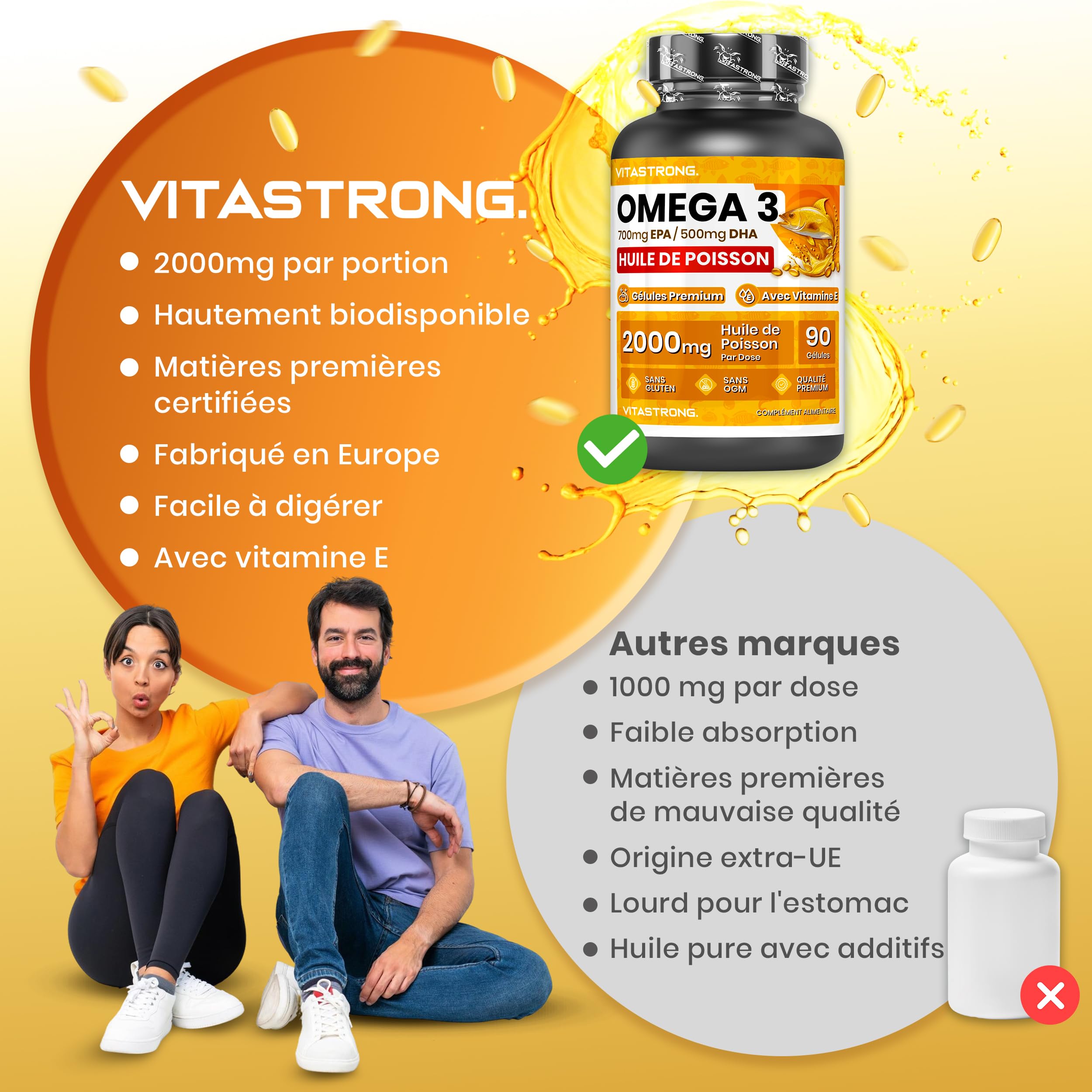 Vitastrong Omega 3 2000 mg gélules EPA DHA 90 cps cœur