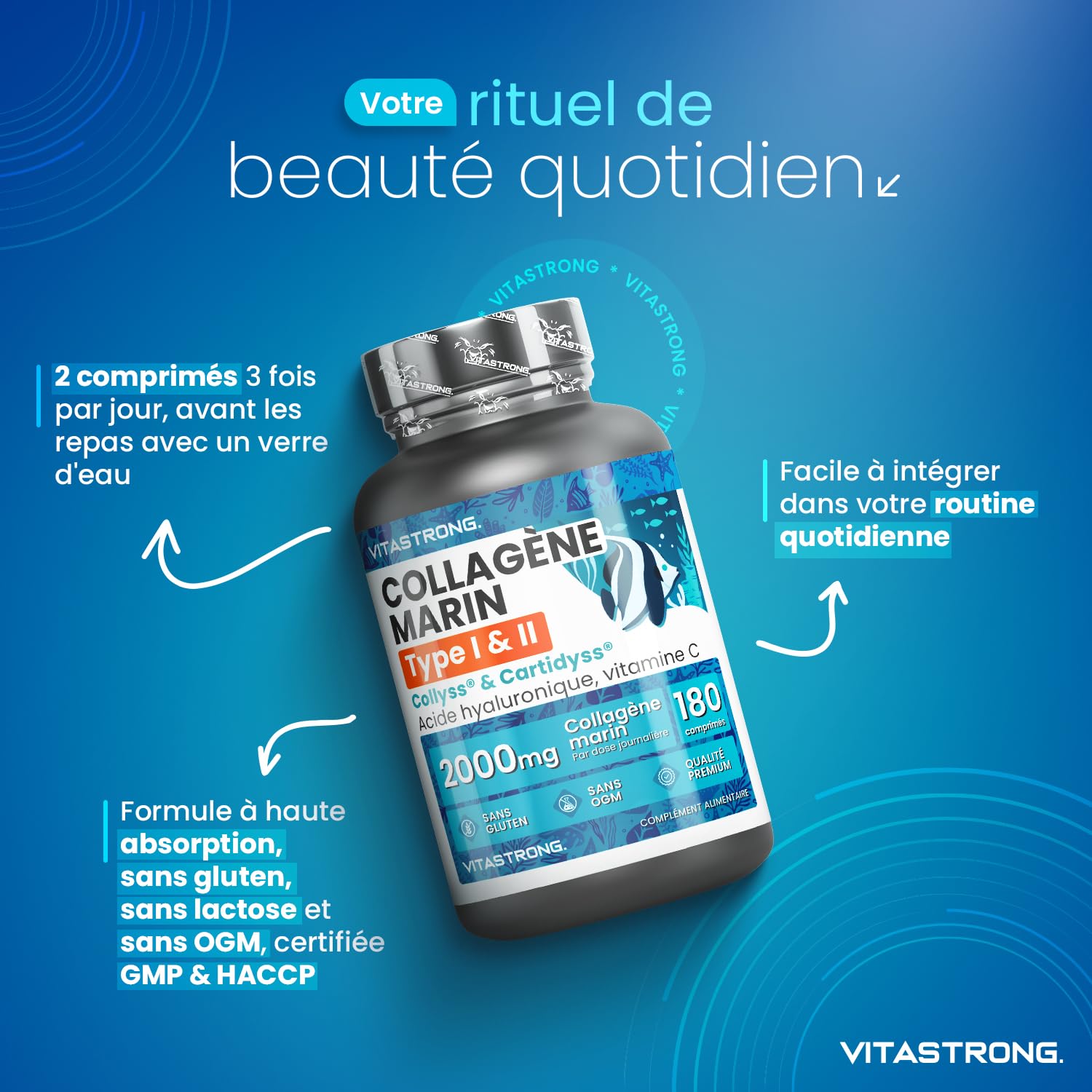 Vitastrong Collagène Marin acide hyaluronique 180 comprimés