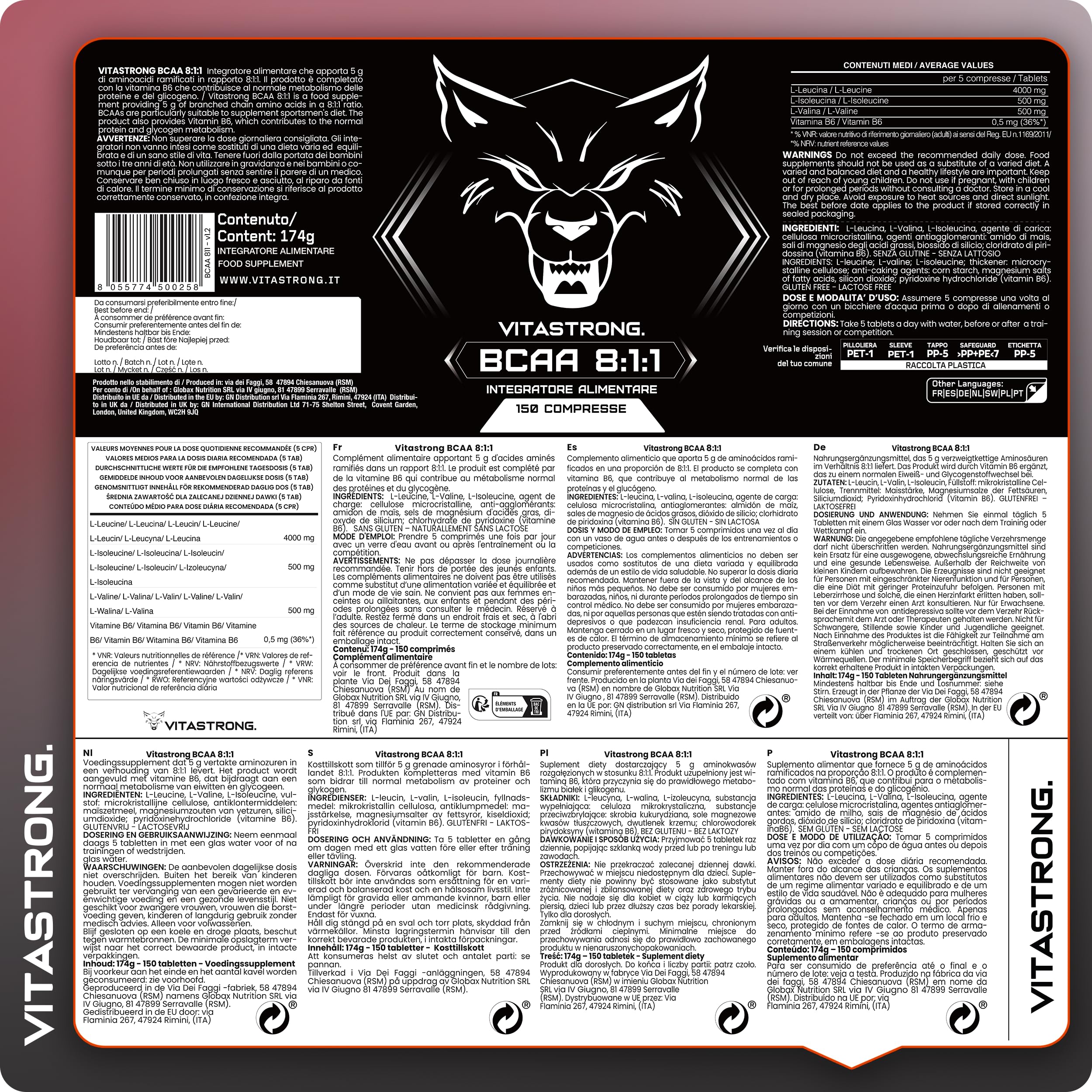 Vitastrong BCAA 8.1.1 5000mg Vitamine B6 150 Comprimés récupération