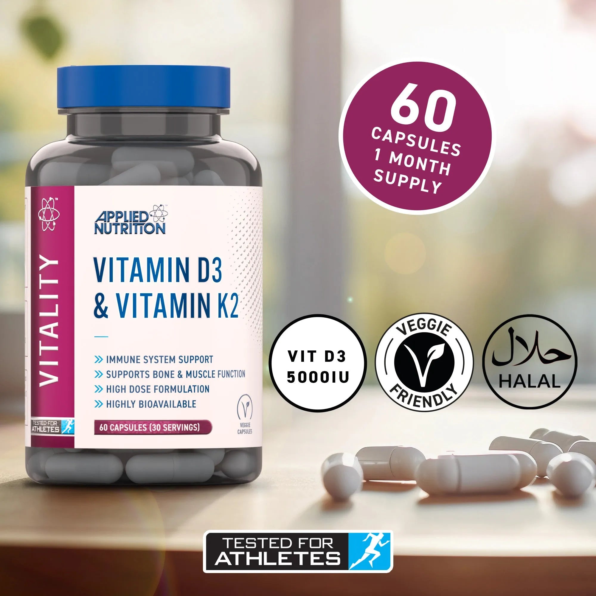 Applied Nutrition Vitality vitamine D3 K2 60 gélules