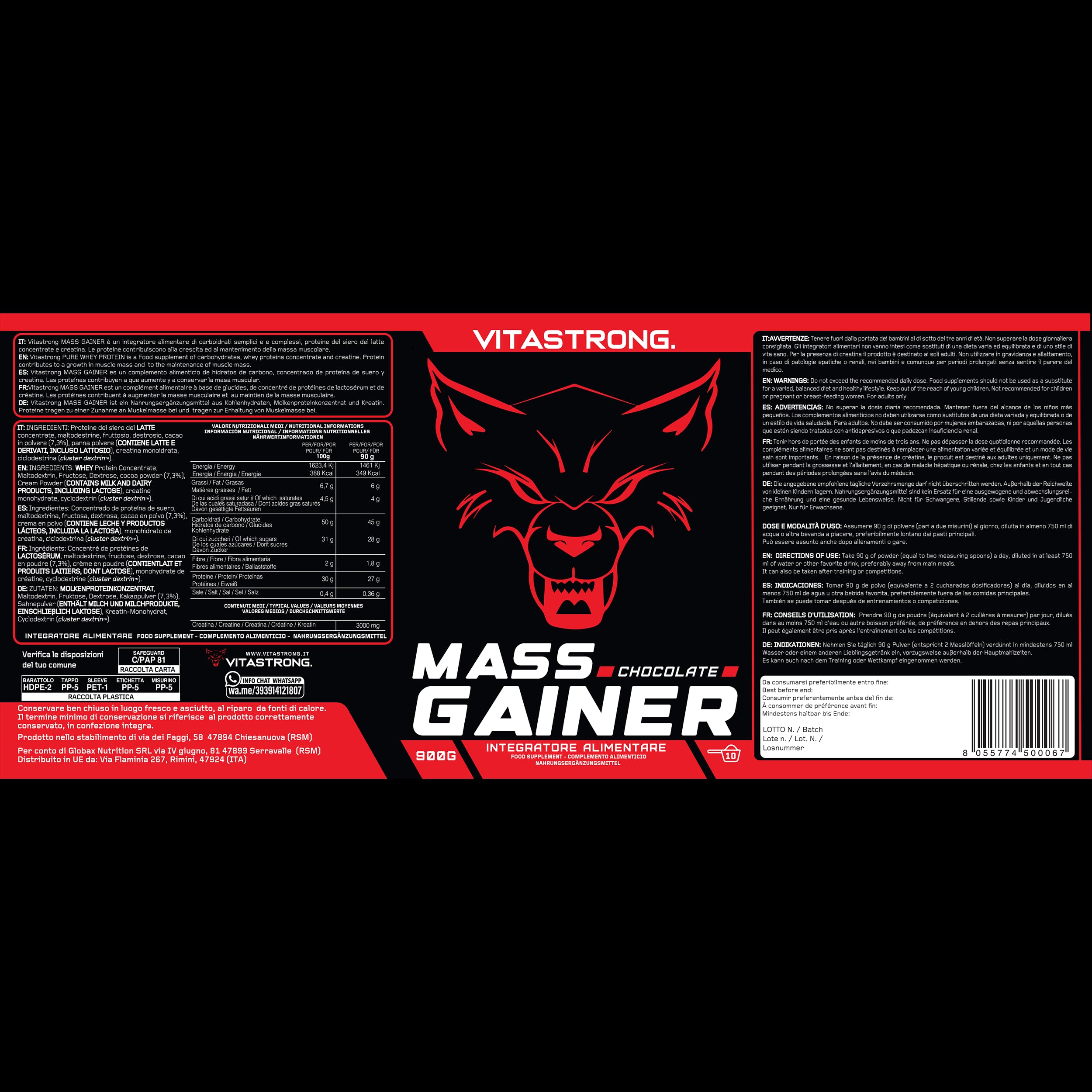 Vitastrong Masse musculaire gainer chocolat créatine 30% protéines