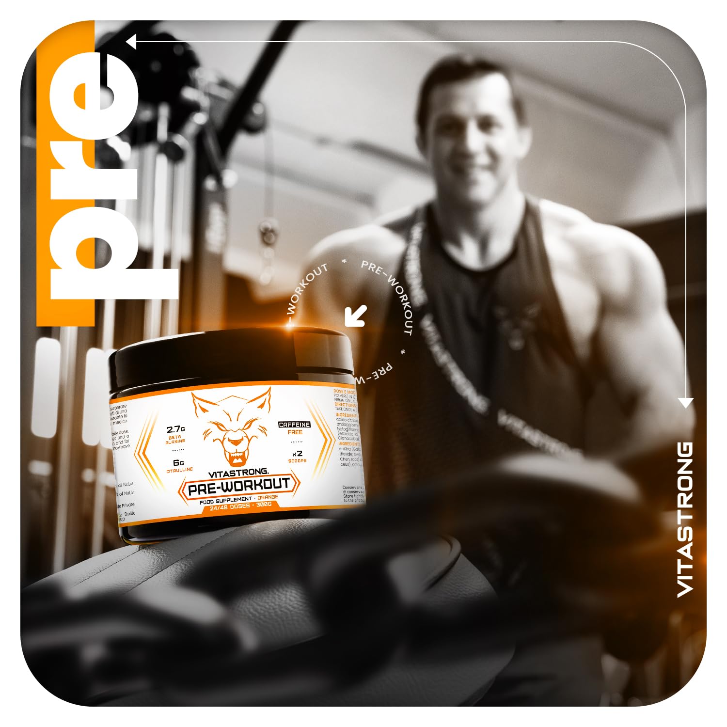 Vitastrong Pre Workout Sans Caféine Poudre Orange 300g 24 Doses