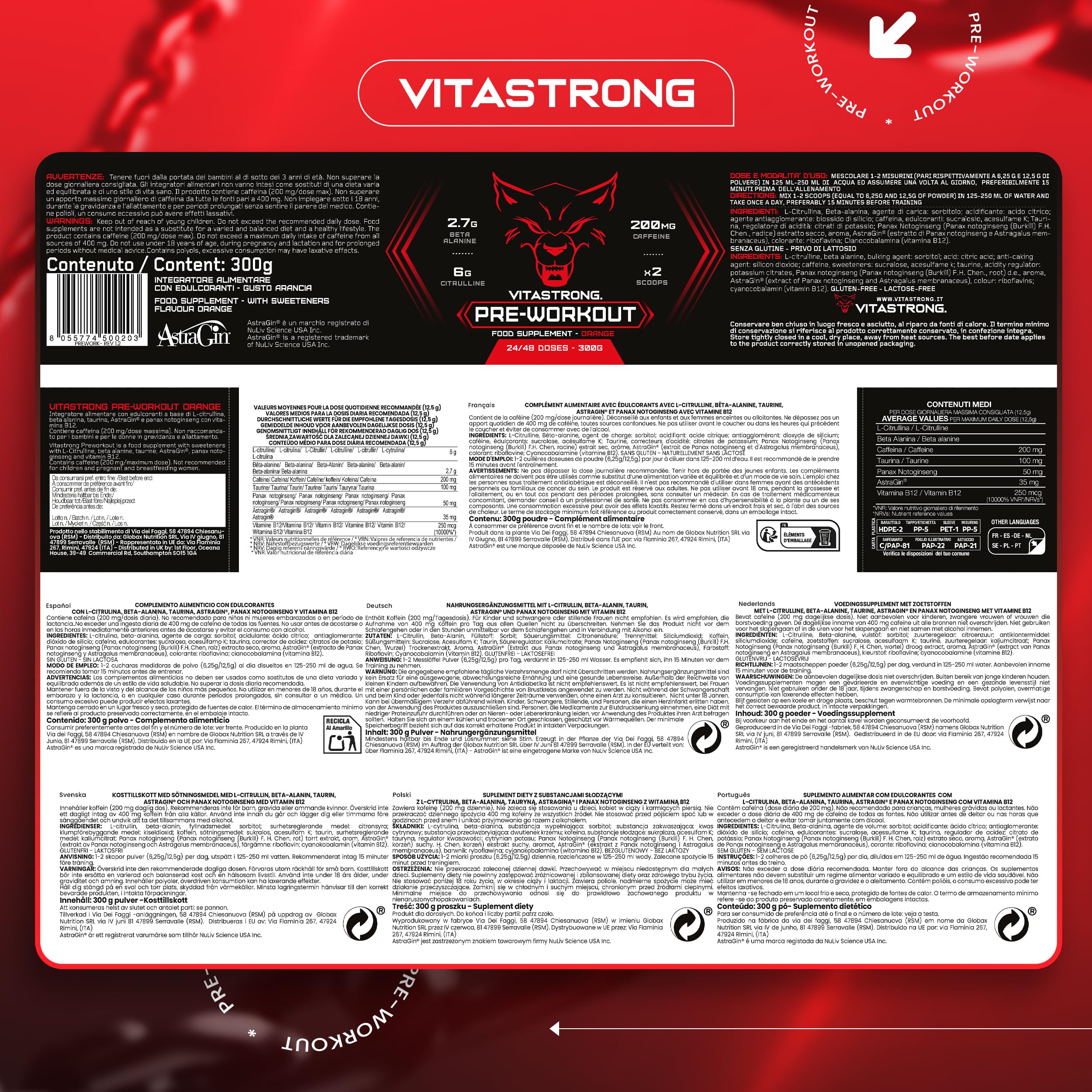 Vitastrong Pre-Workout booster orange caféine 300 g 24 doses