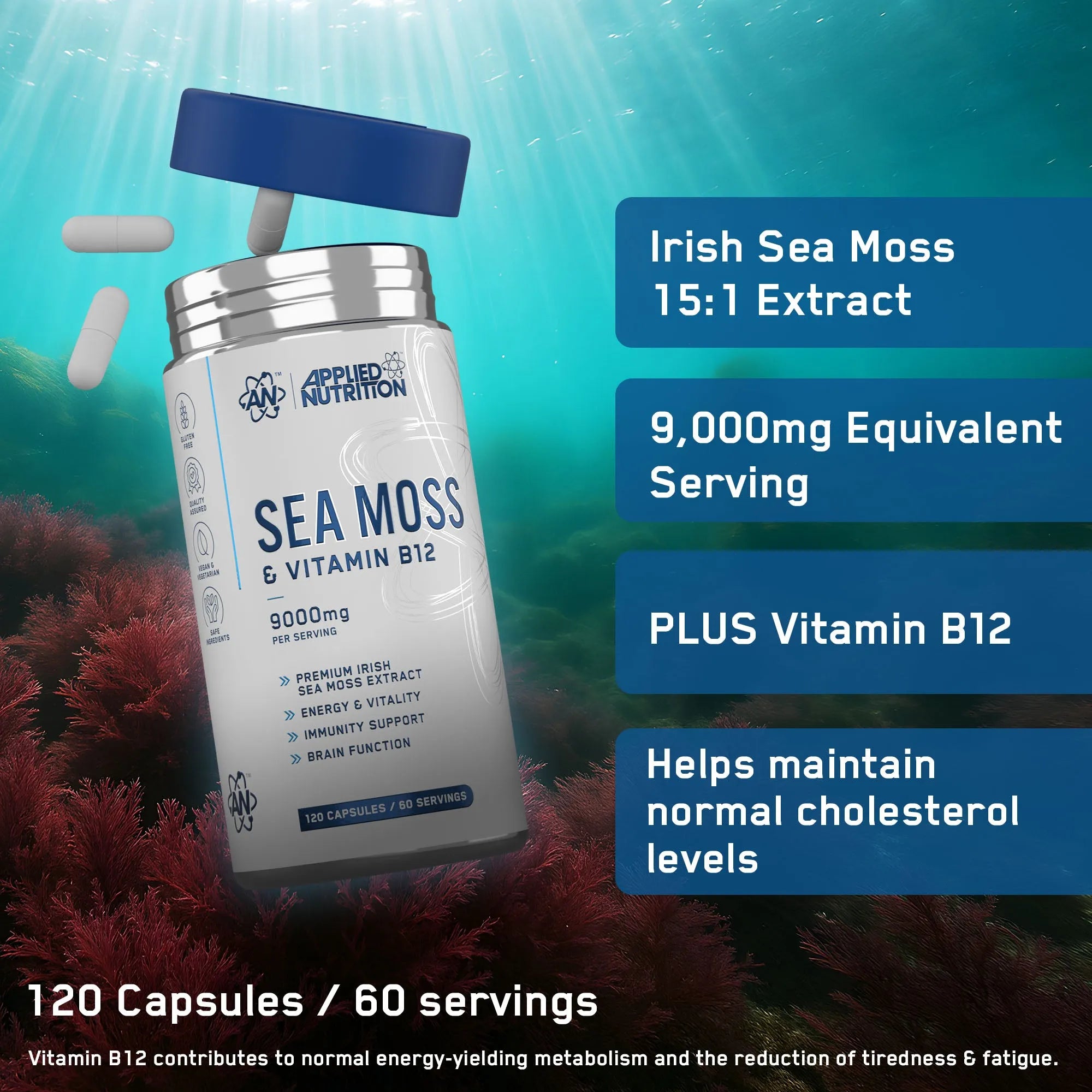 Applied Nutrition Vitality Sea Moss B12 Gélules 120 Énergie