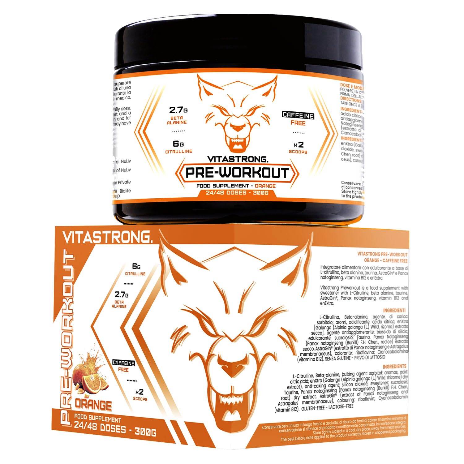Vitastrong Pre Workout Sans Caféine Poudre Orange 300g 24 Doses