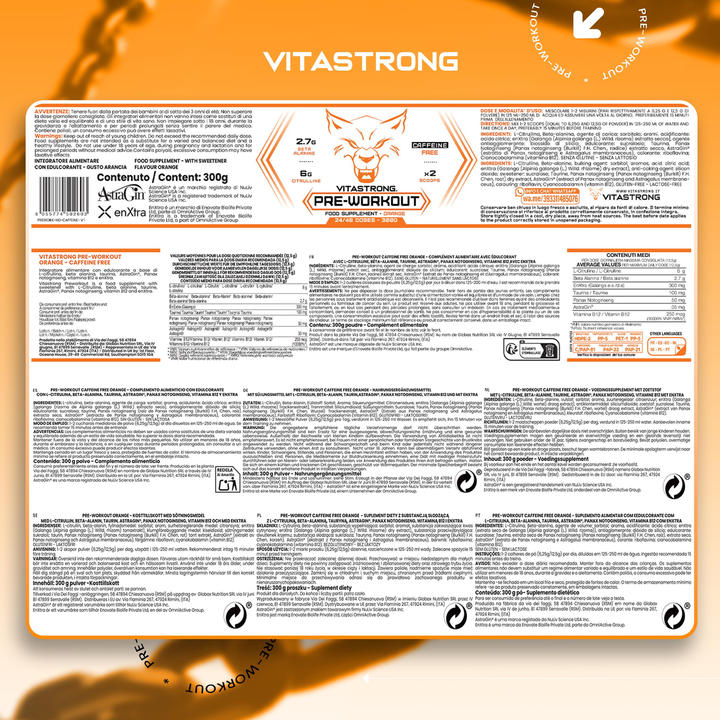 Vitastrong Pre Workout Sans Caféine Poudre Orange 300g 24 Doses