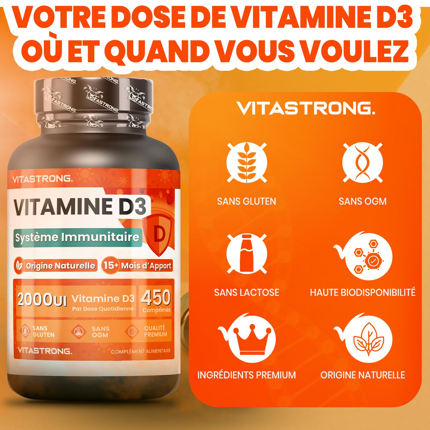 Vitastrong Vitamines D3 2000 UI comprimés 450 cpr 50 mcg