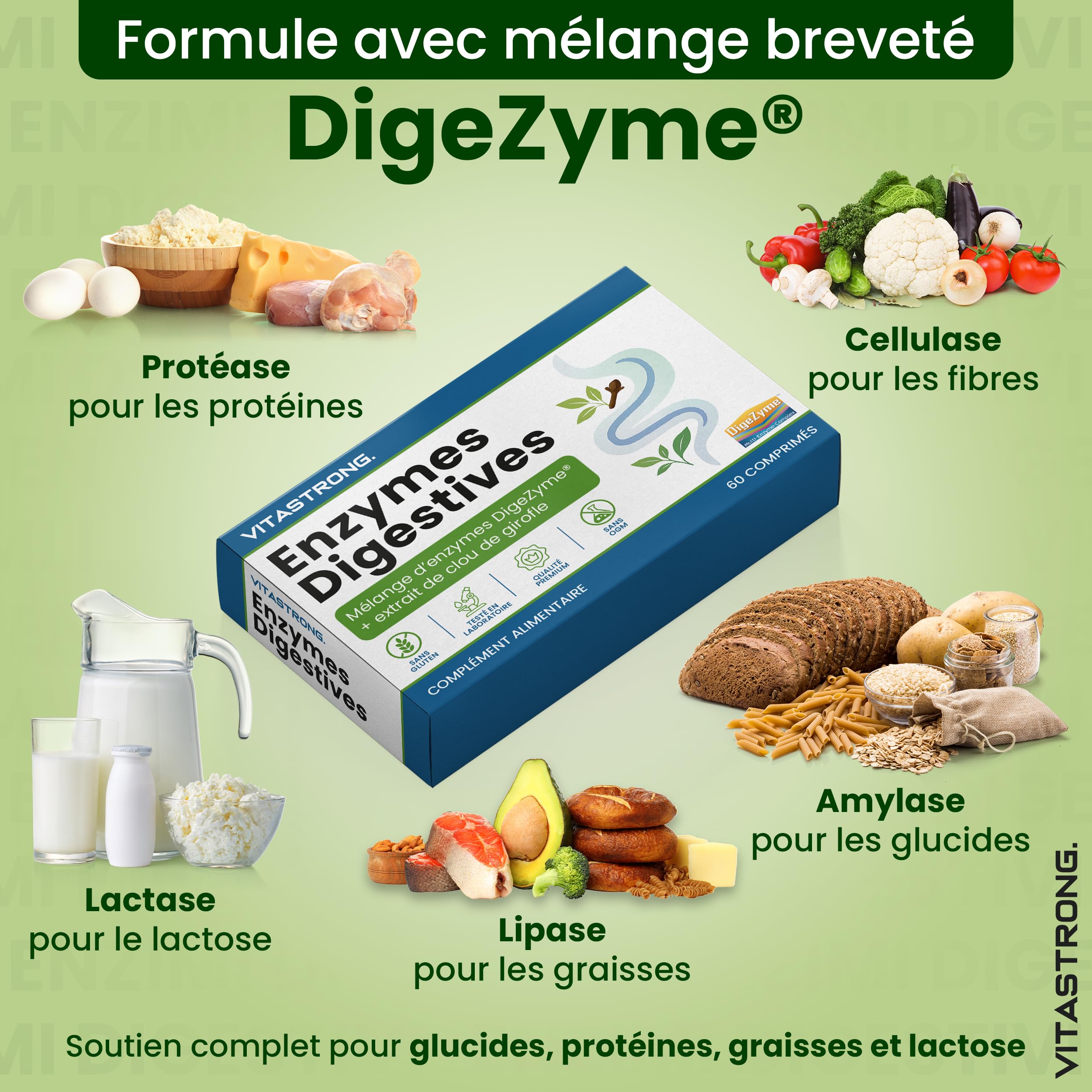 Vitastrong Digestion Enzymes Digestives 60 comprimés DigeZyme