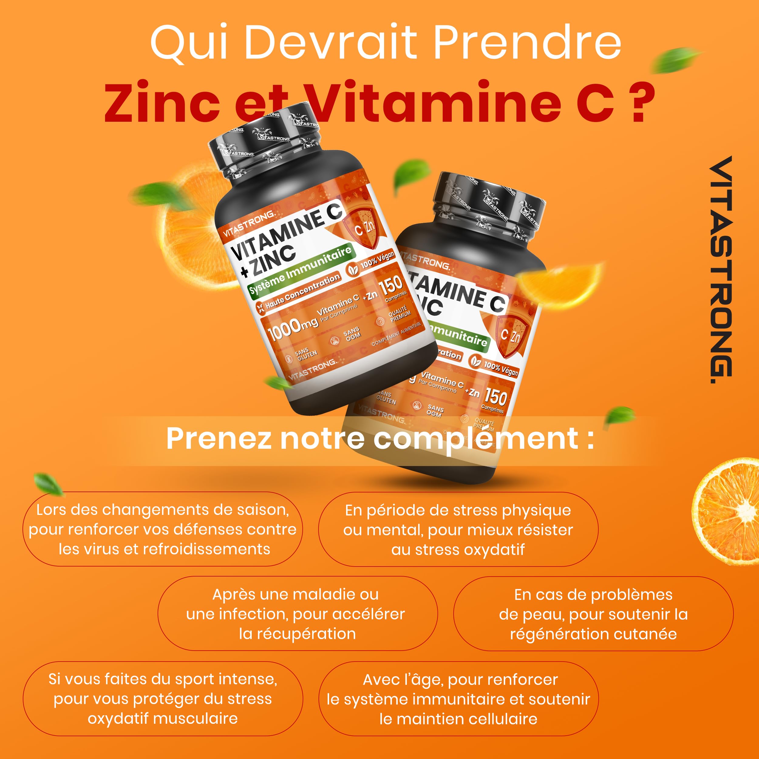 Vitastrong Vitamine C 1000 mg Zinc comprimés vegan immunité