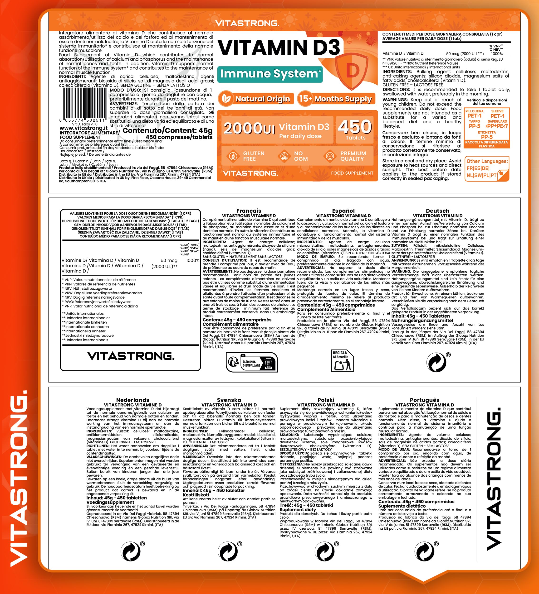 Vitastrong Vitamines D3 2000 UI comprimés 450 cpr 50 mcg