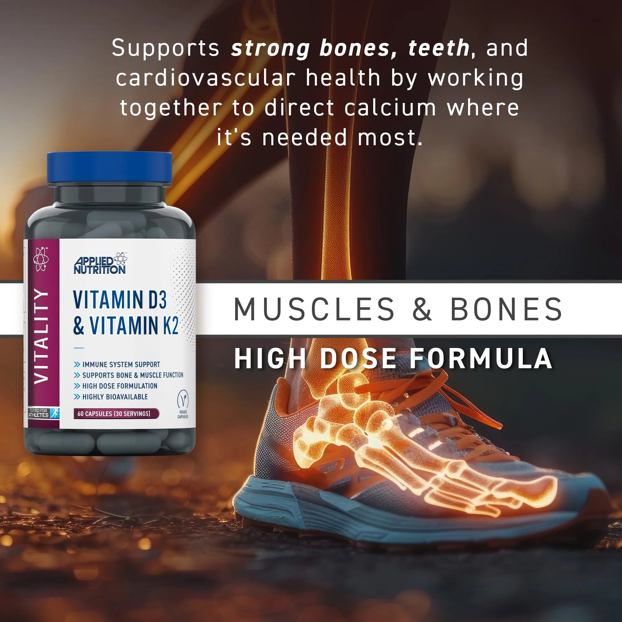 Applied Nutrition Vitality vitamine D3 K2 60 gélules