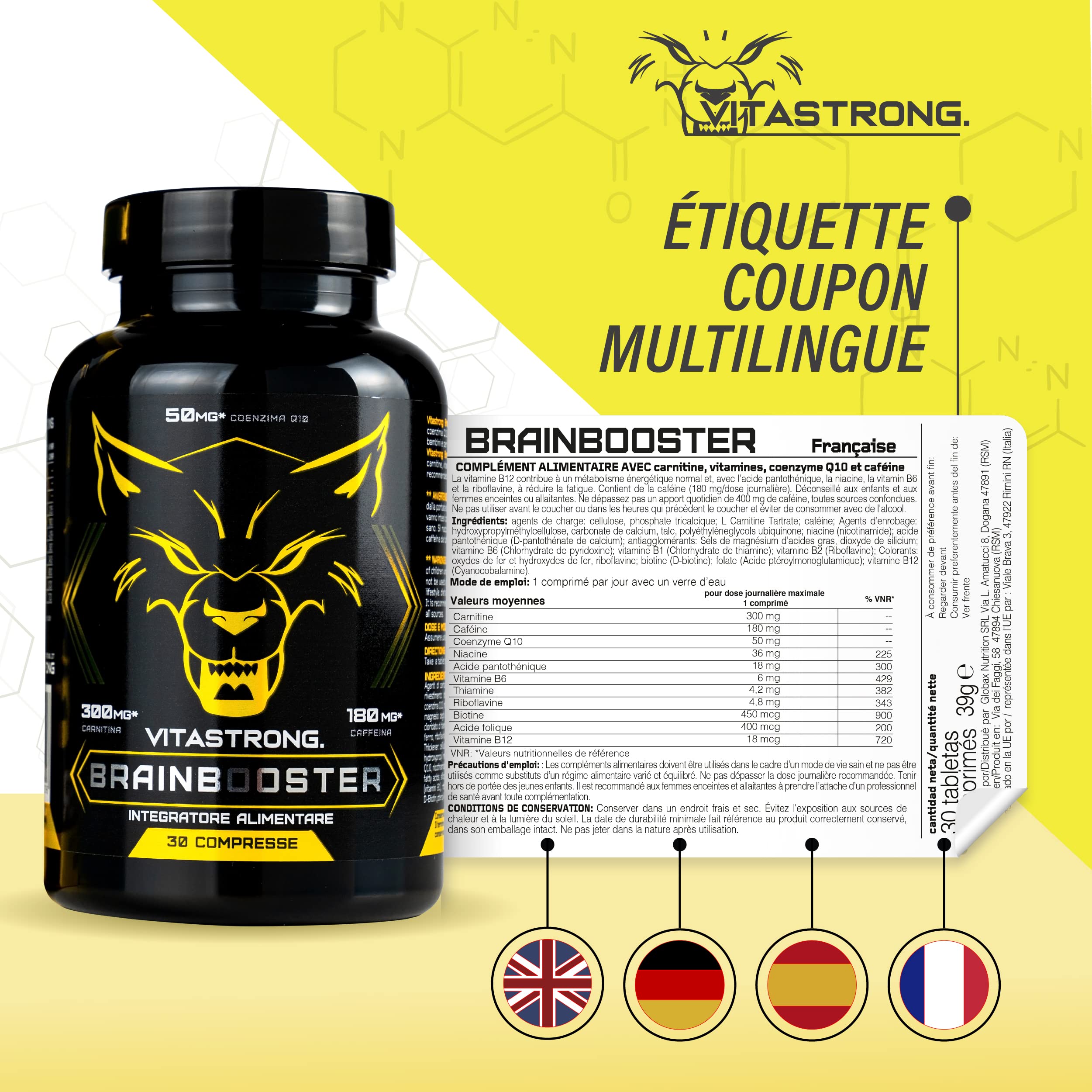 Vitastrong Mémoire Brainbooster nootropique 30 comprimés caféine