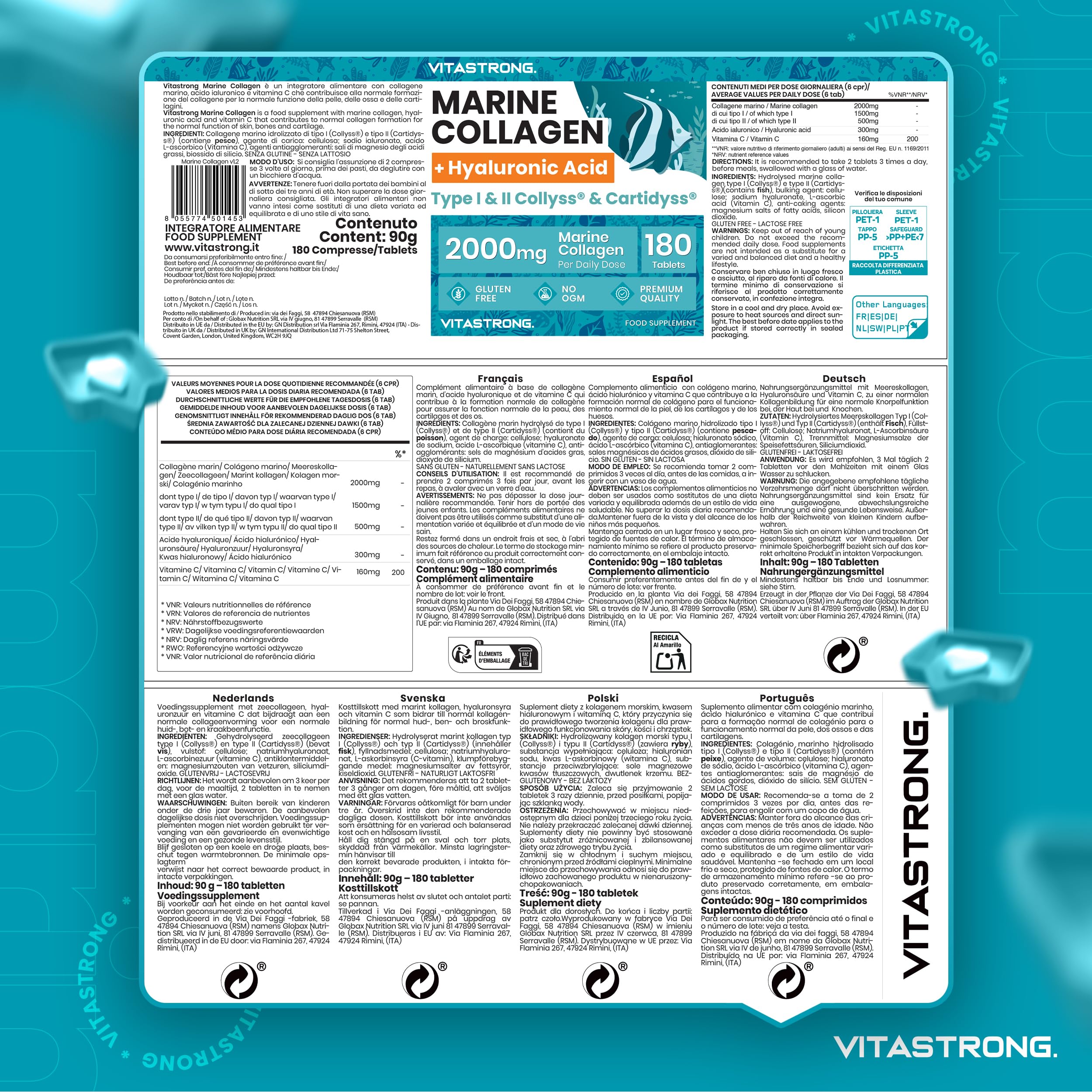 Vitastrong Collagène Marin acide hyaluronique 180 comprimés