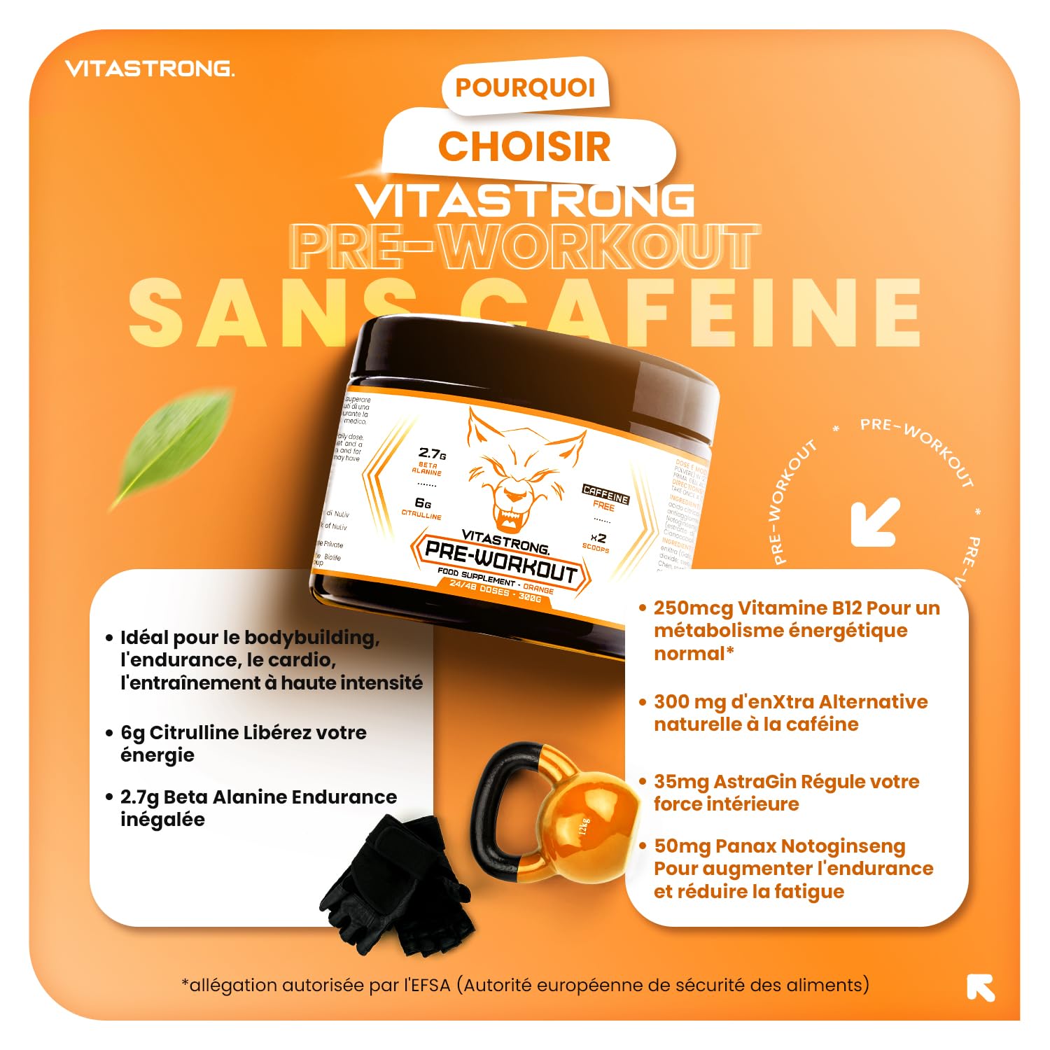 Vitastrong Pre Workout Sans Caféine Poudre Orange 300g 24 Doses