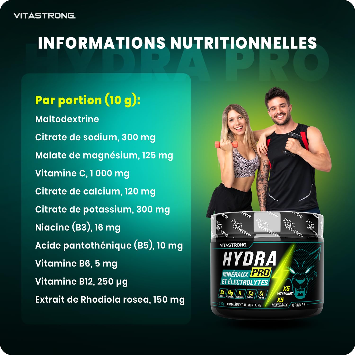 Vitastrong Hydra Pro Électrolytes en Poudre Orange 250g 5 Minéraux