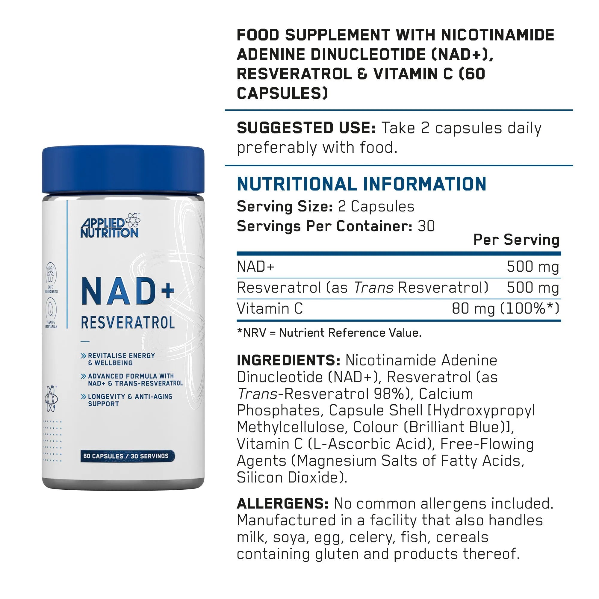 Applied Nutrition NAD+ Resveratrol 60 gélules vitamine C énergie