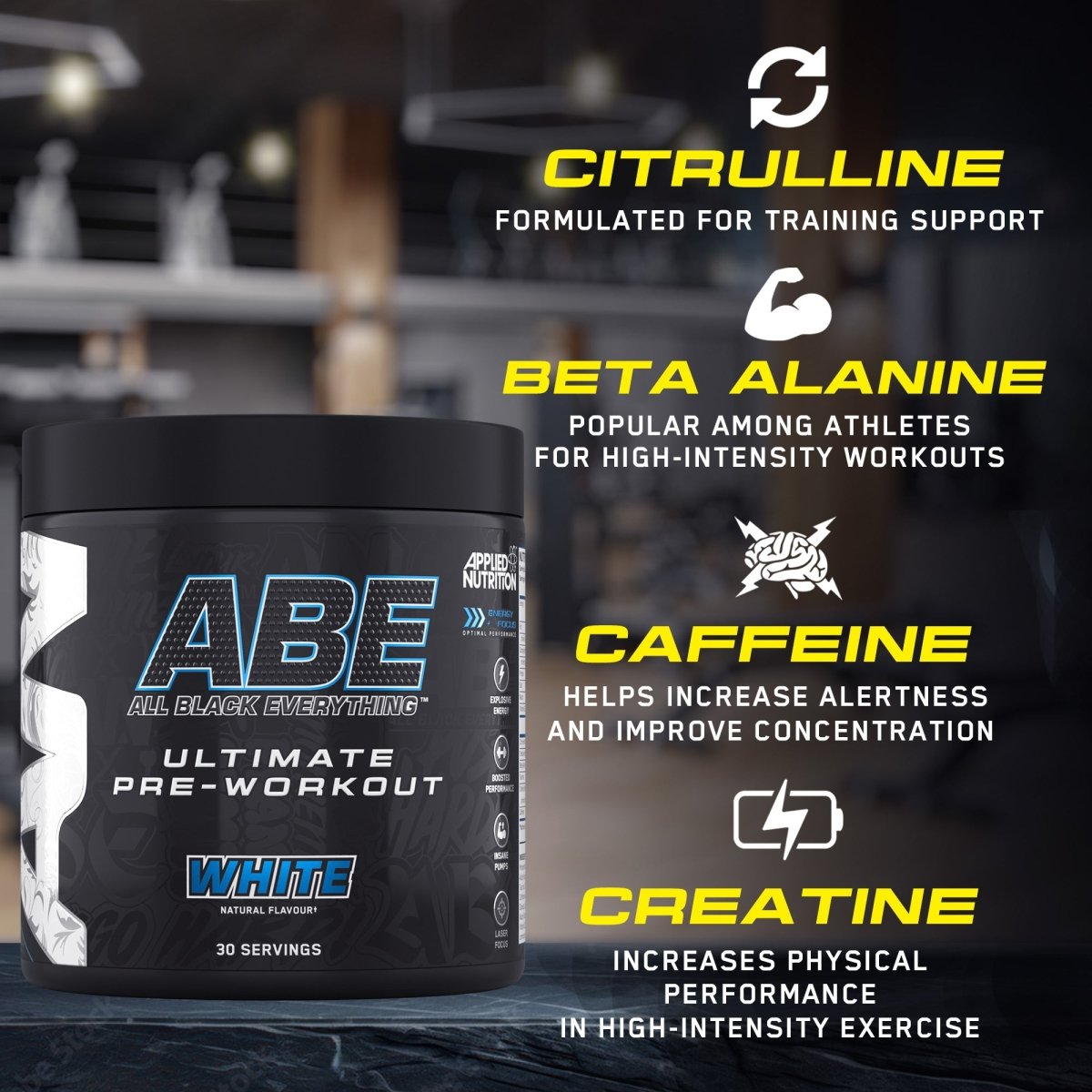 Applied Nutrition ABE White pré-workout bundle poudre 375g + 12 canettes