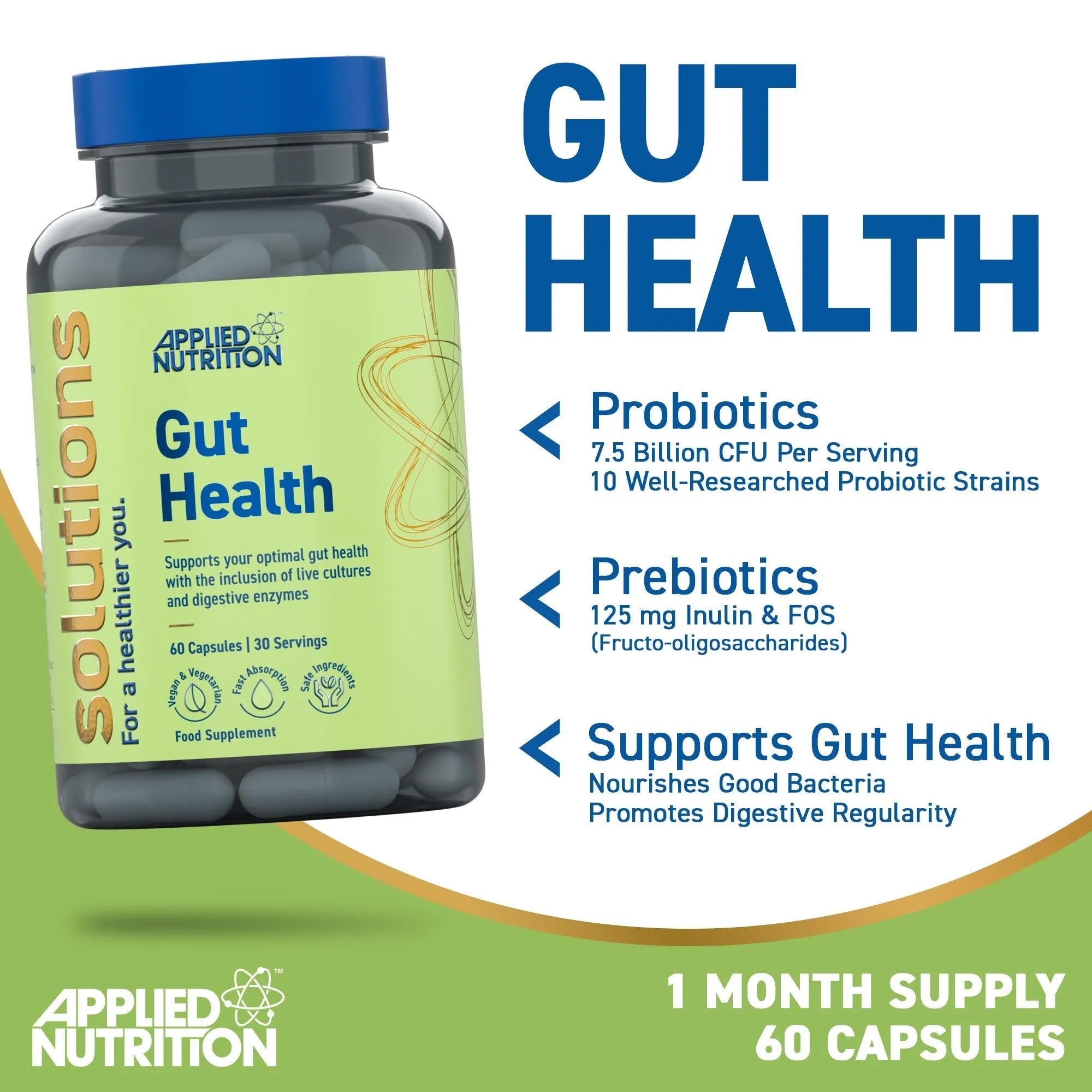 Applied Nutrition Gut Health 60 gélules probiotiques digestion vegan