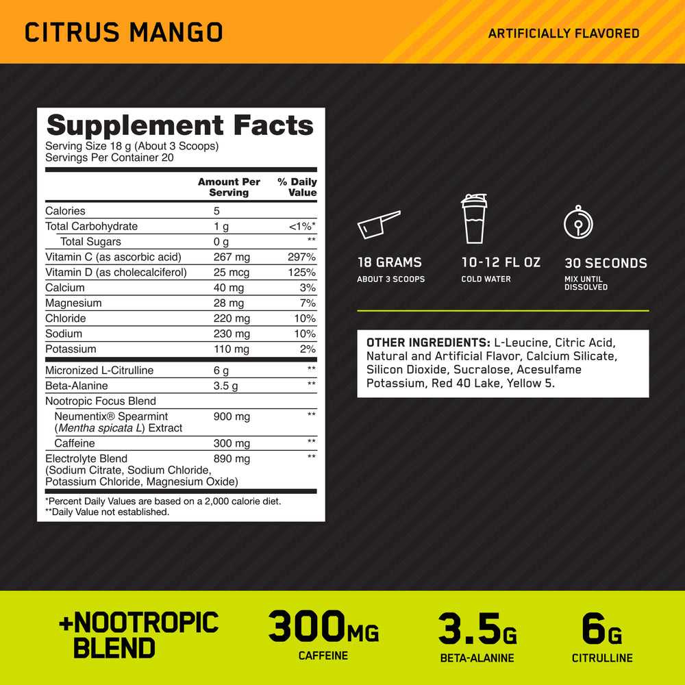 Optimum Nutrition Pre-Workout Amped poudre caféine 300mg