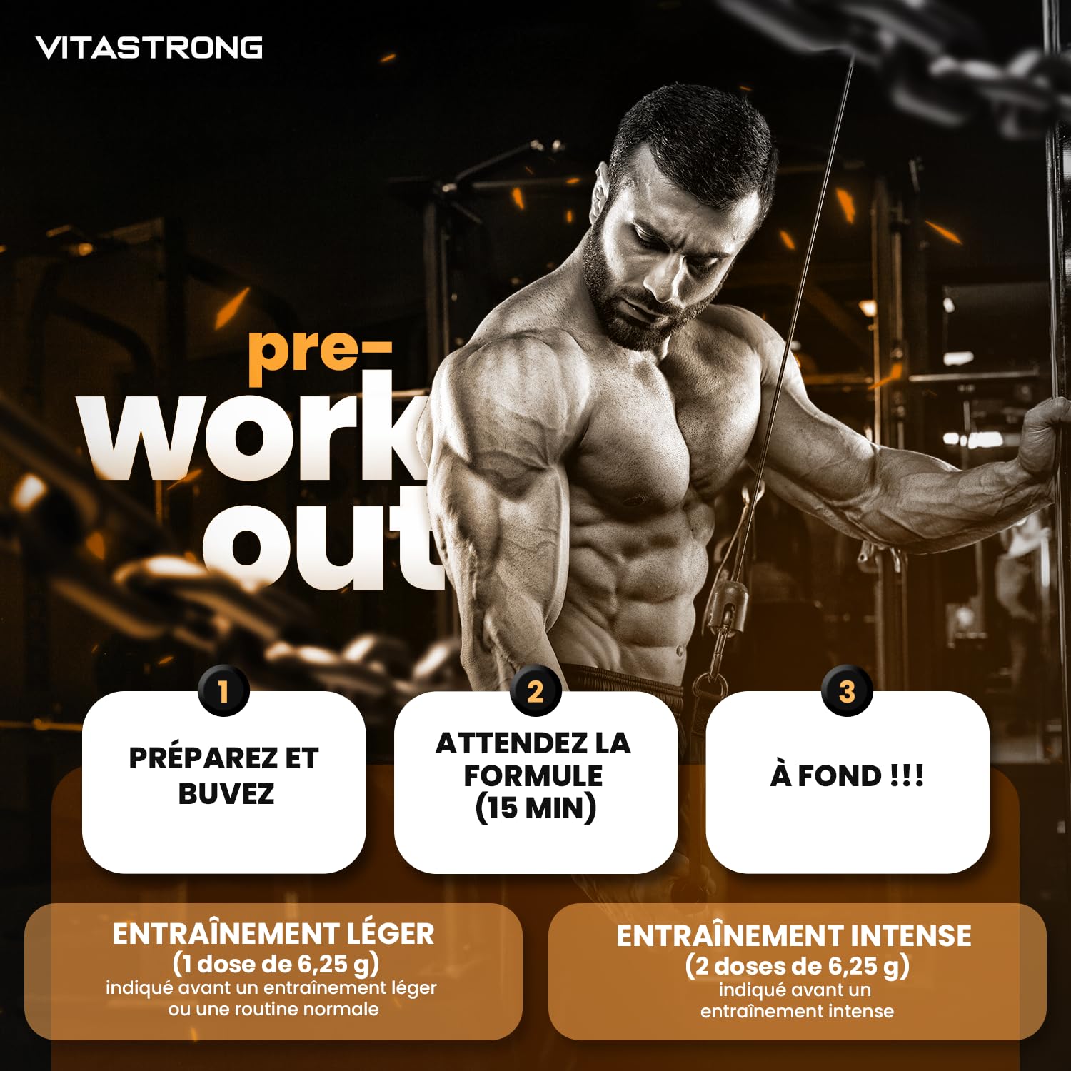 Vitastrong Pre Workout Sans Caféine Poudre Orange 300g 24 Doses