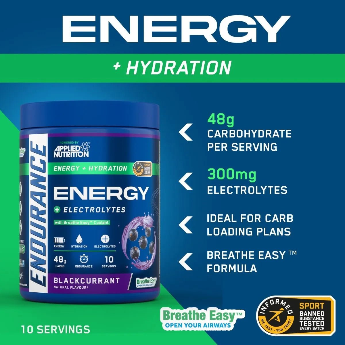 Applied Nutrition Endurance Breathe poudre énergie cassis 500g