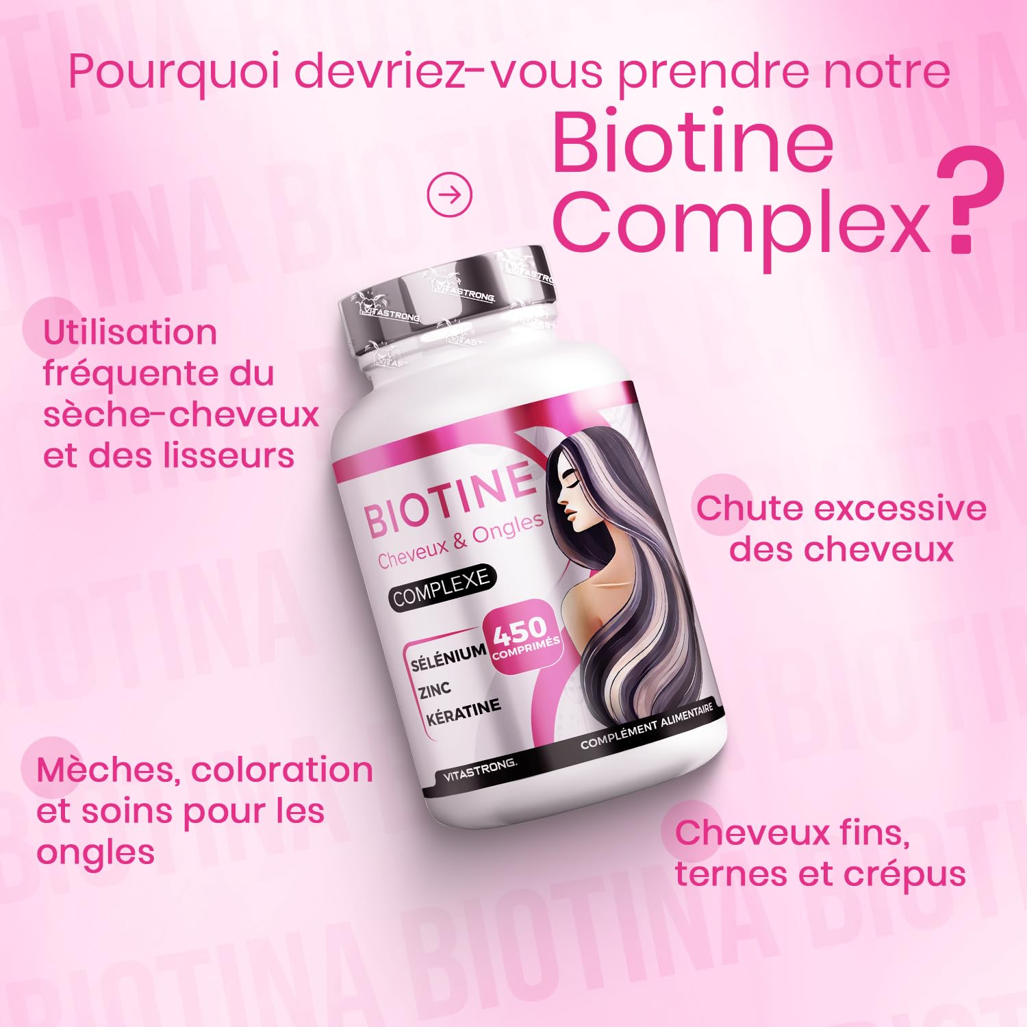 Vitastrong Beauté & Corps Biotine comprimés 450 cpr zinc sélénium