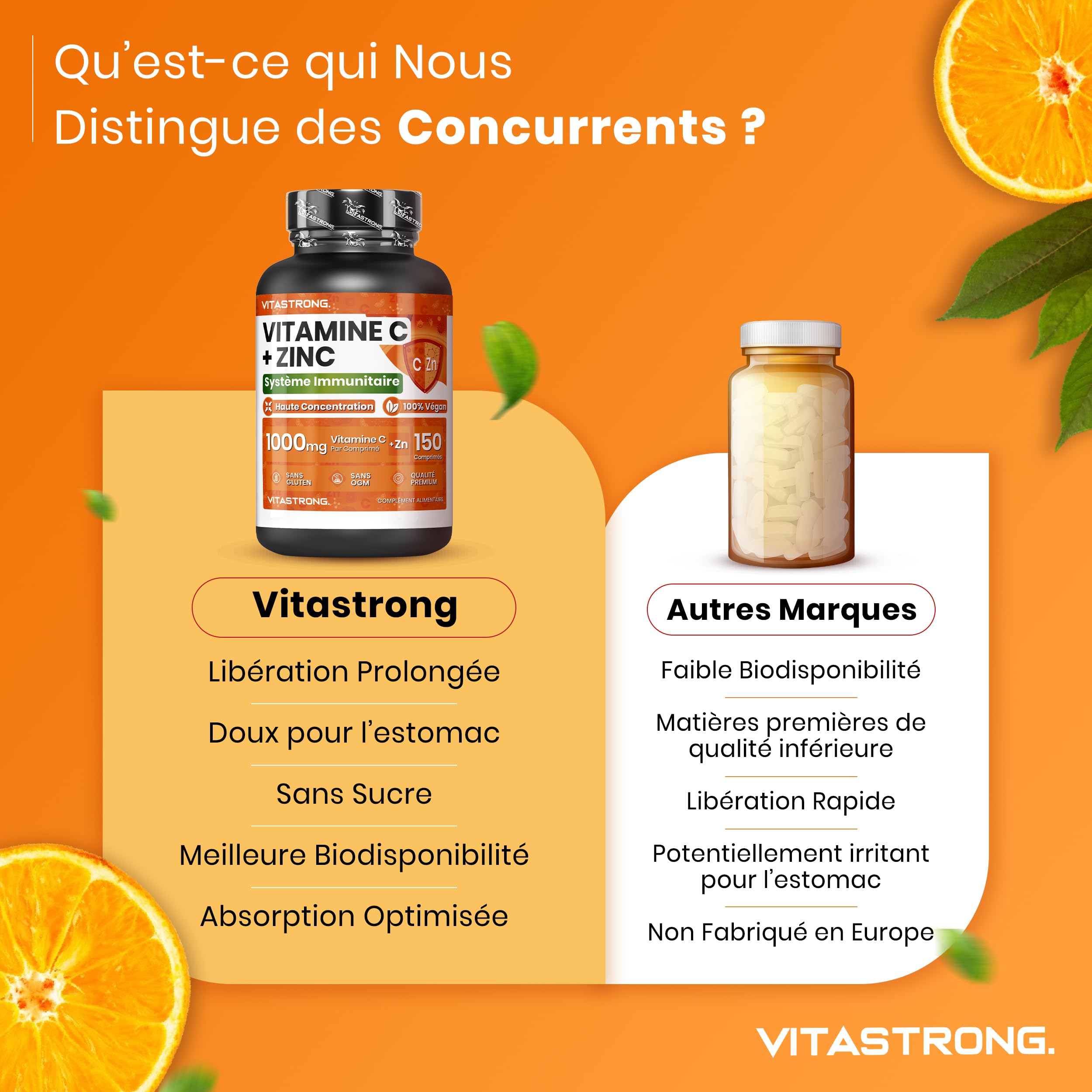 Vitastrong Vitamine C 1000 mg Zinc comprimés vegan immunité