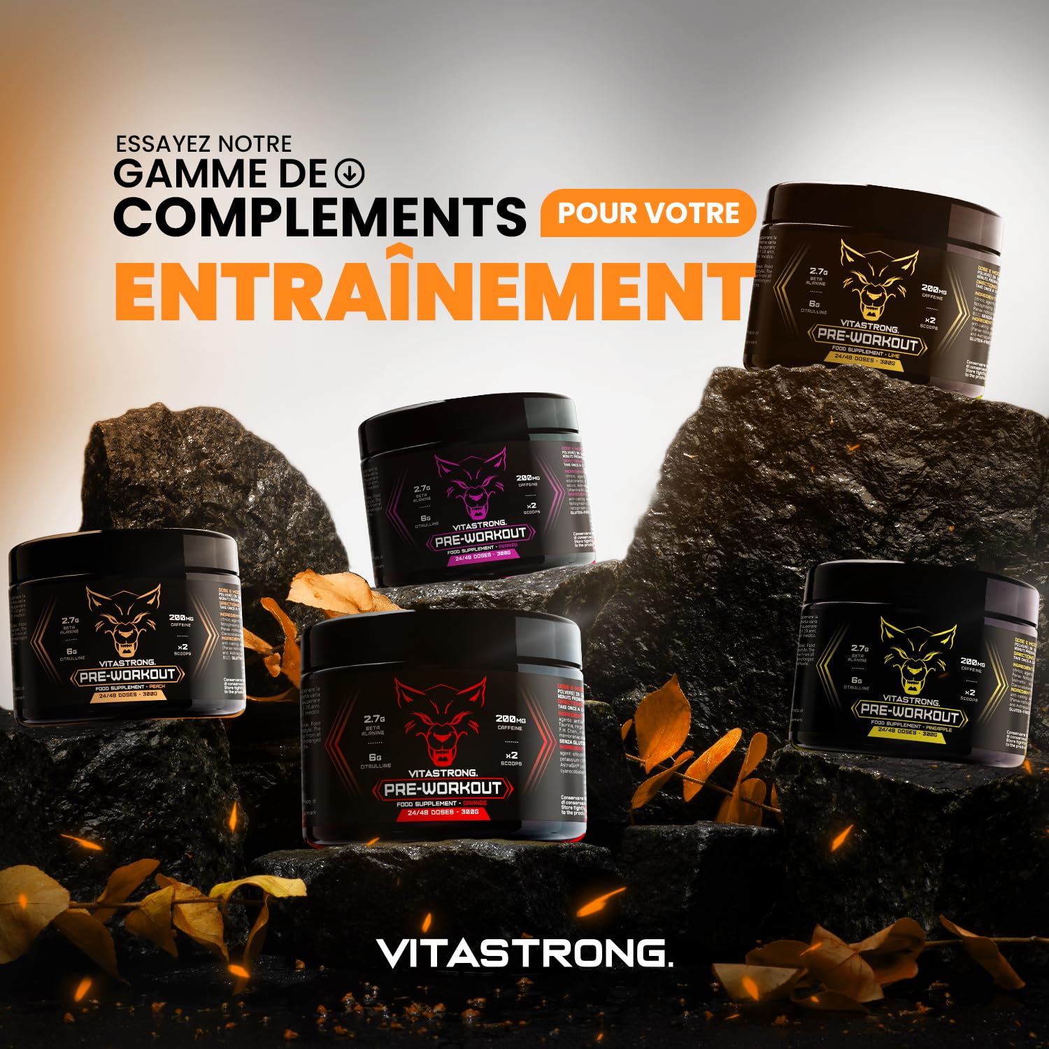 Vitastrong Pre Workout Sans Caféine Poudre Orange 300g 24 Doses