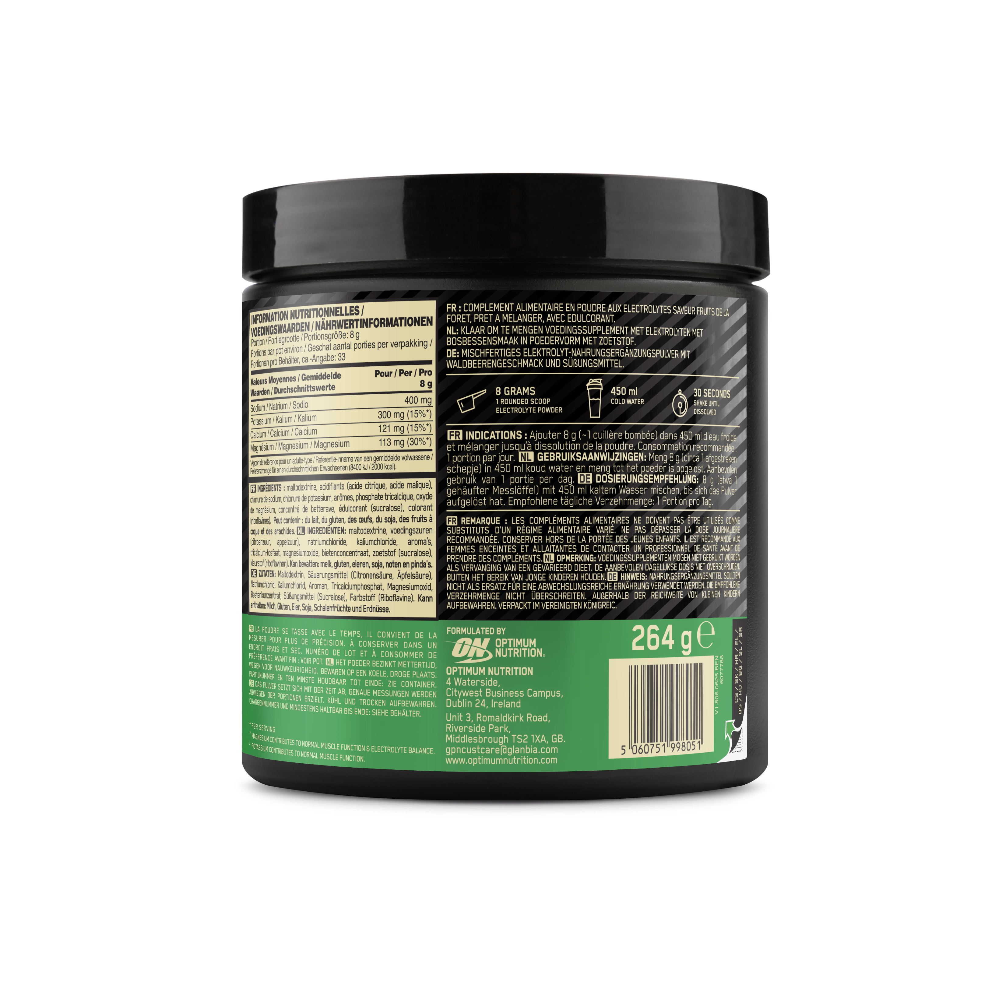 Optimum Nutrition Health Wellness Electrolyte Poudre Orange 264g sans sucre